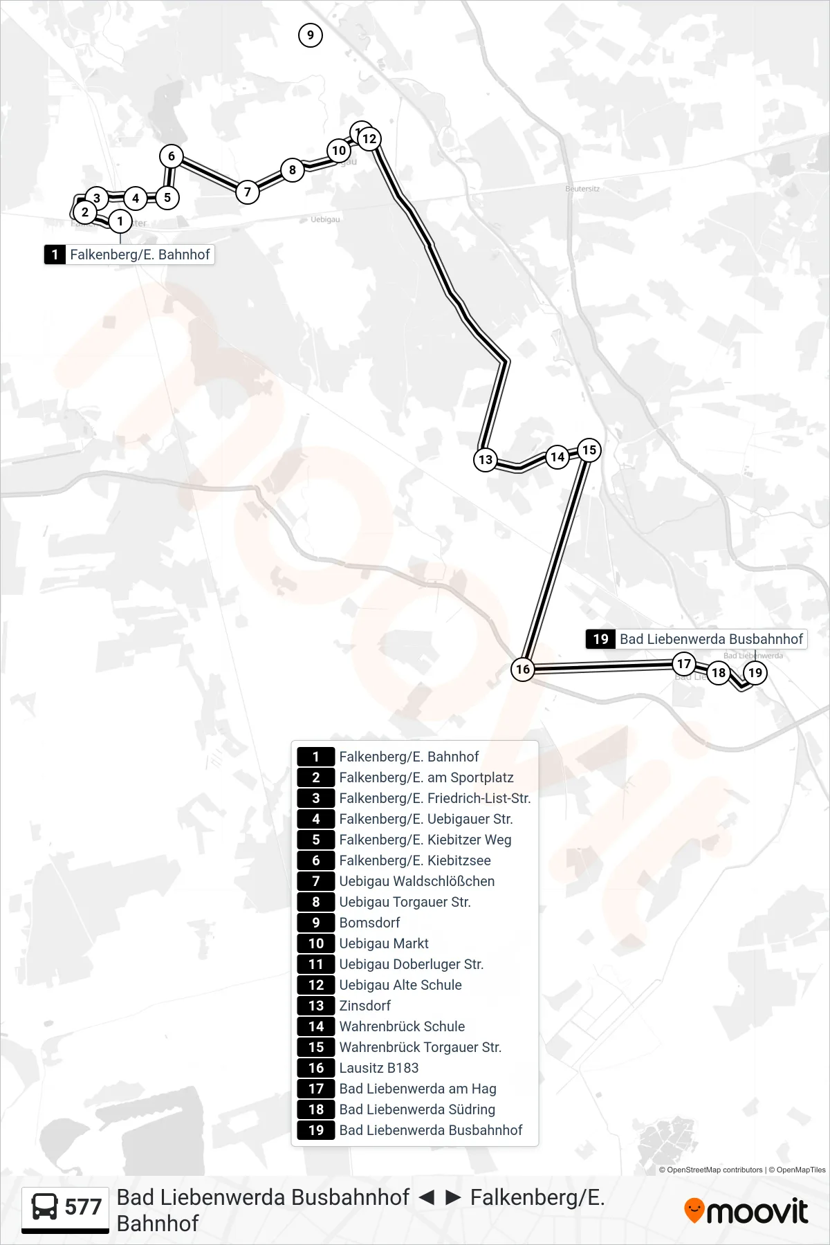 577 bus Line (Bad Liebenwerda Busbahnhof) route and stops on a map