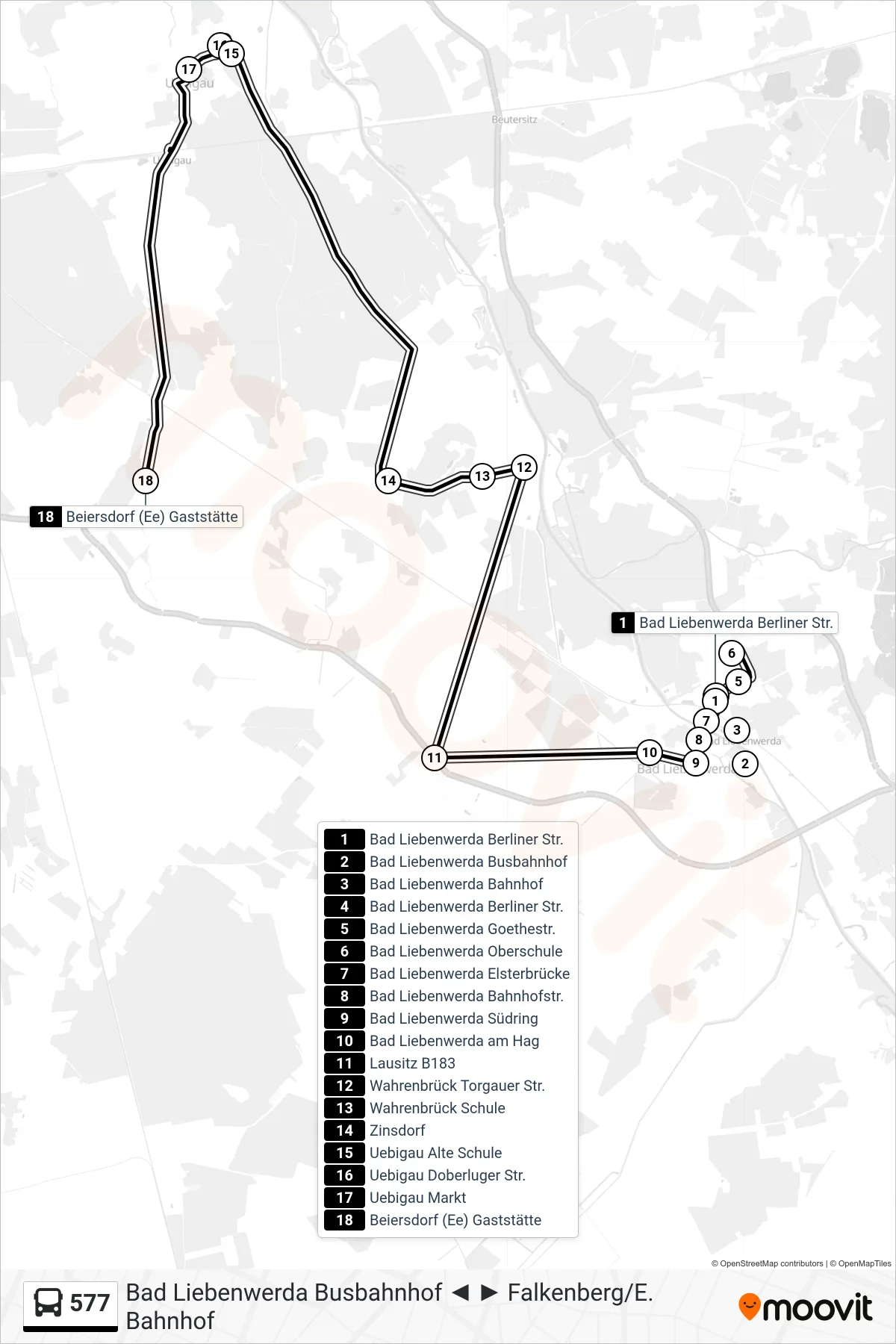 Linie 577 (Bus) Richtung Beiersdorf (Ee) Gaststätte: Route und Haltestellen auf der Karte