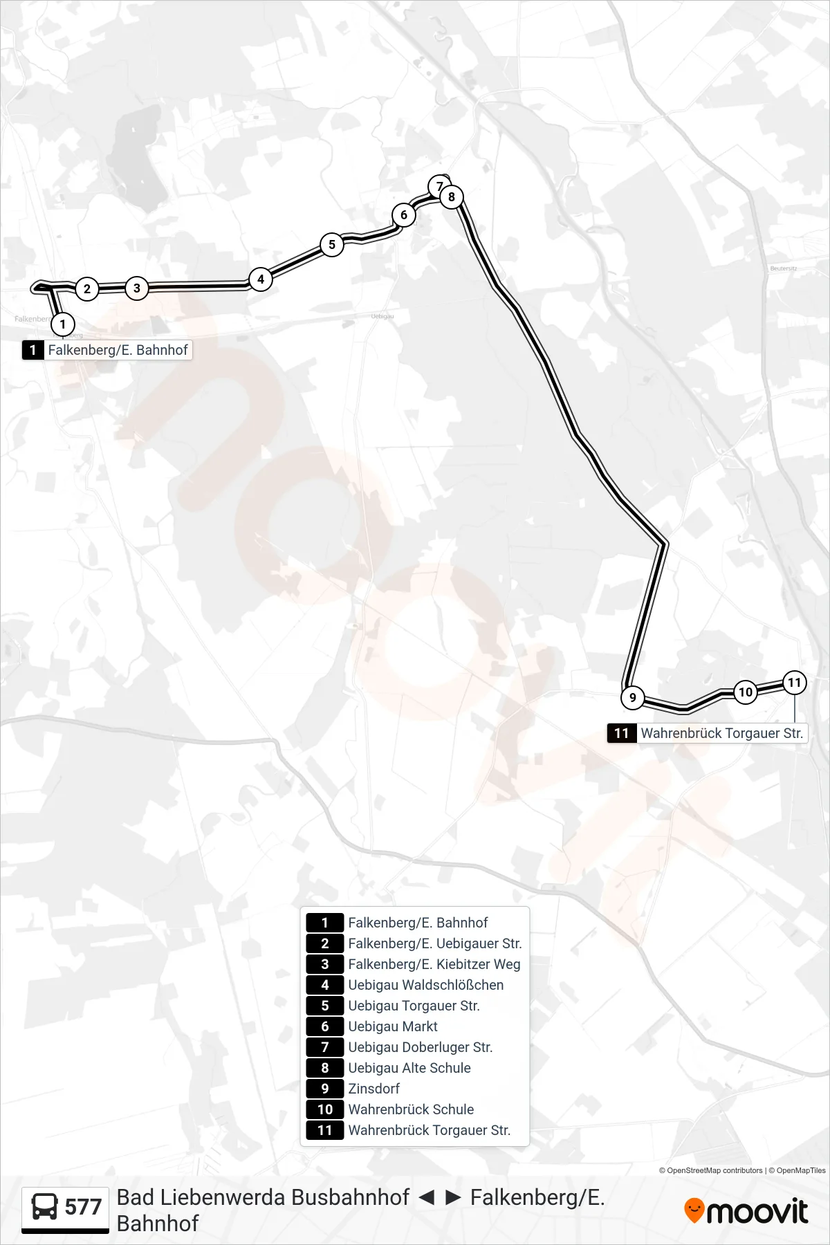 Linie 577 (Bus) Richtung Wahrenbrück Torgauer Str.: Route und Haltestellen auf der Karte