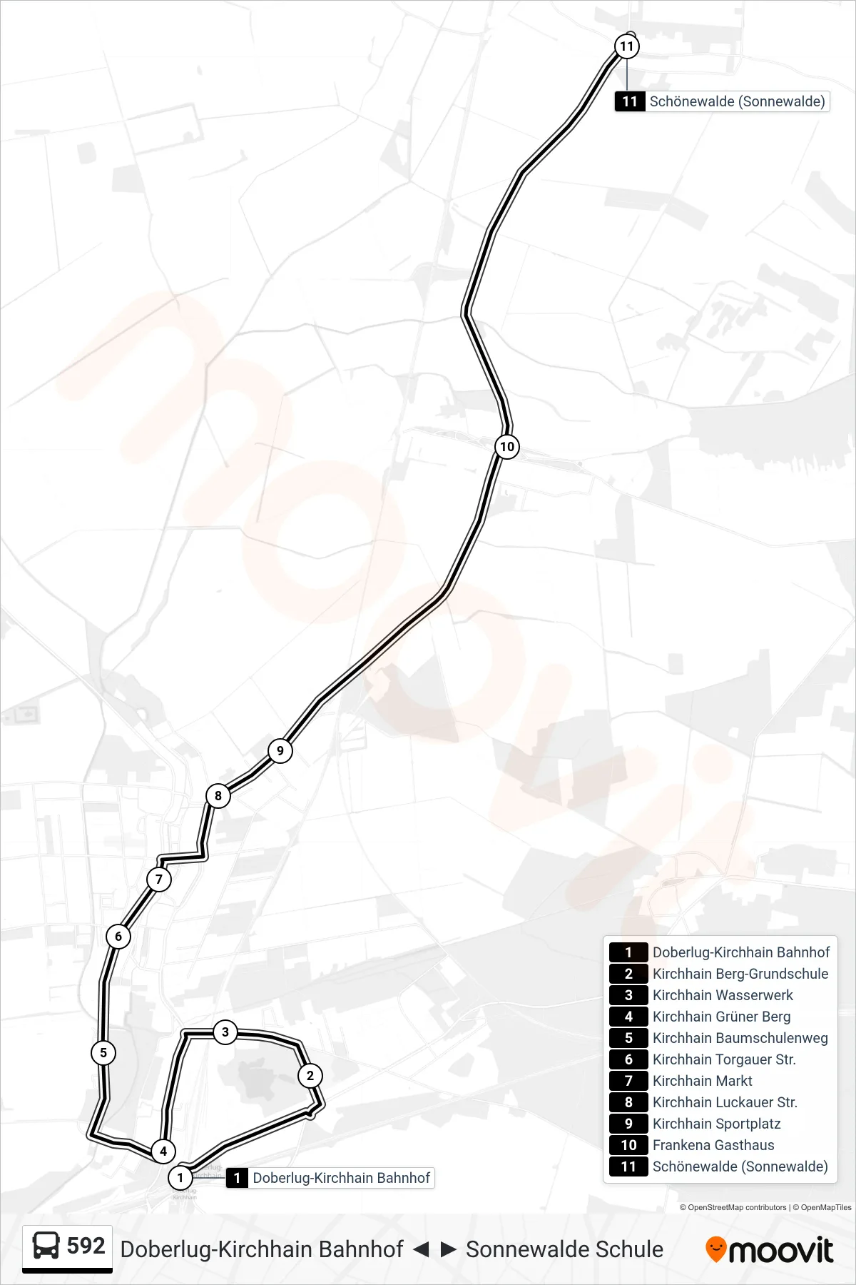 Linie 592 (Bus) Richtung Schönewalde (Sonnewalde): Route und Haltestellen auf der Karte