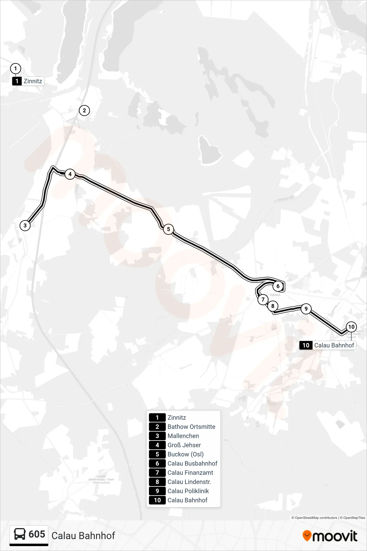 605 bus Line (Calau Bahnhof) route and stops on a map