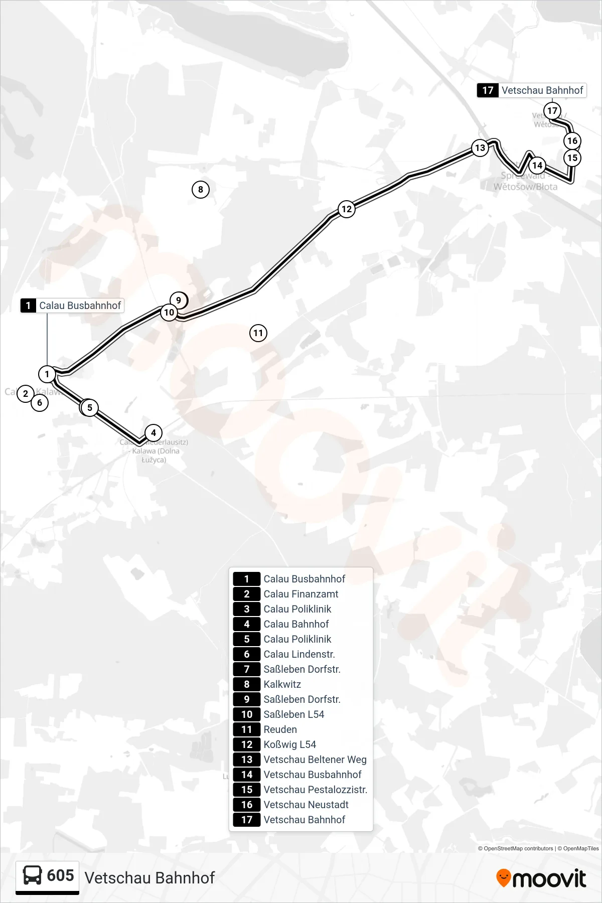 Linie 605 (Bus) Richtung Vetschau Bahnhof: Route und Haltestellen auf der Karte