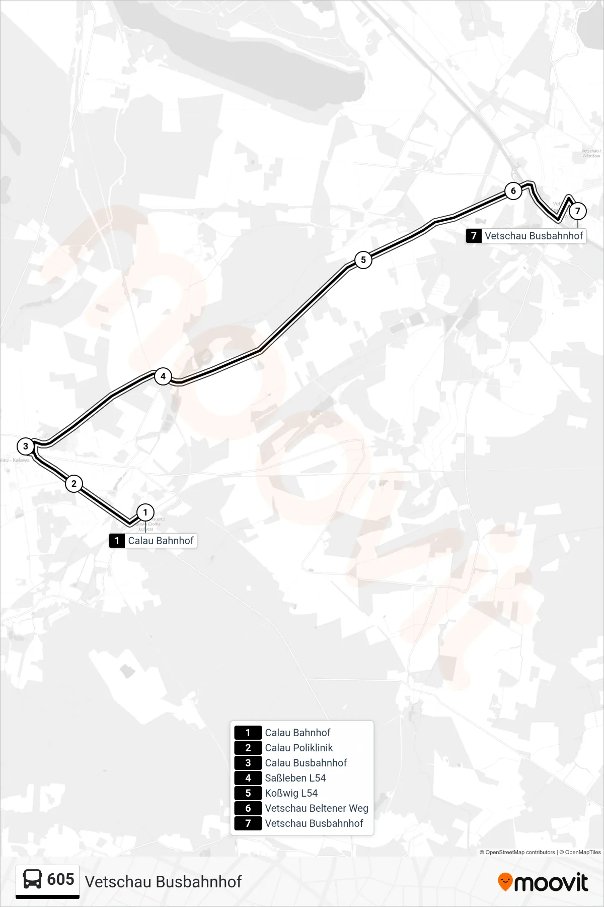 Linie 605 (Bus) Richtung Vetschau Busbahnhof: Route und Haltestellen auf der Karte