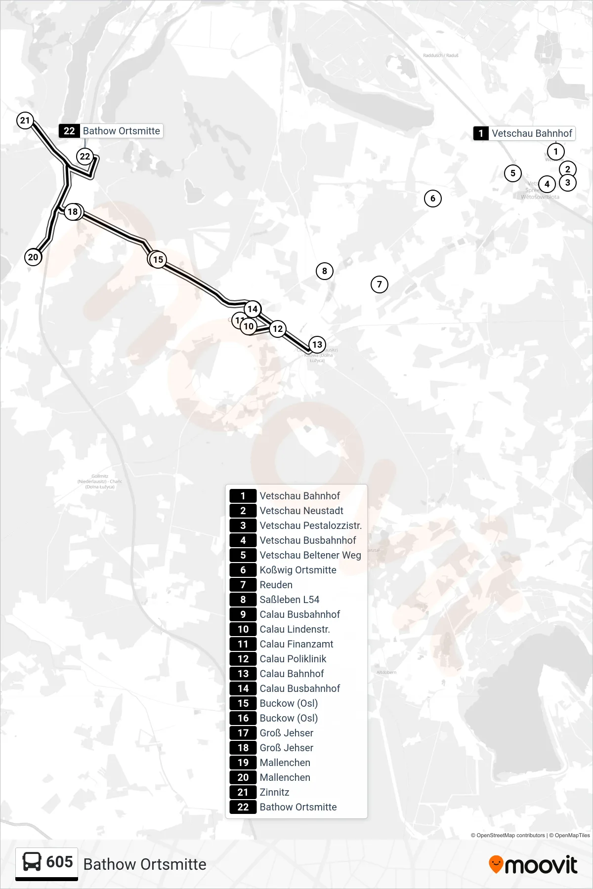 Linie 605 (Bus) Richtung Bathow Ortsmitte: Route und Haltestellen auf der Karte