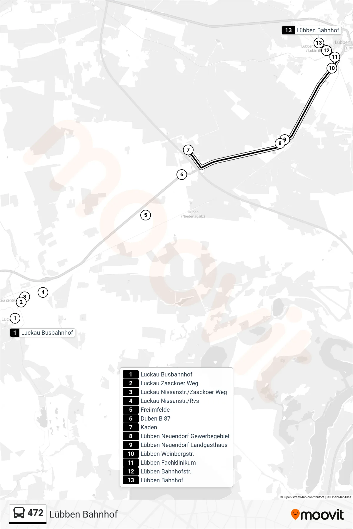 472 bus Line (Lübben Bahnhof) route and stops on a map
