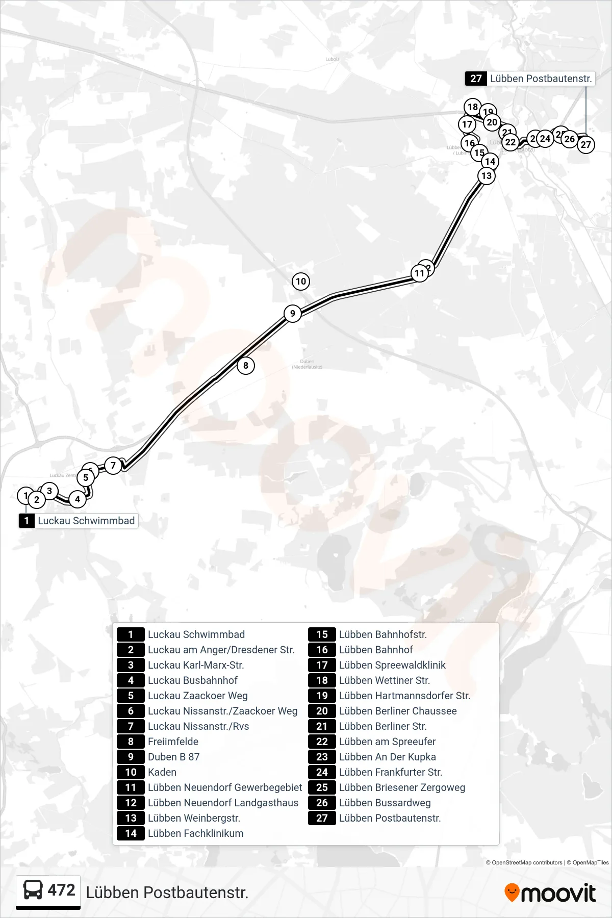 Linie 472 (Bus) Richtung Lübben Postbautenstr.: Route und Haltestellen auf der Karte