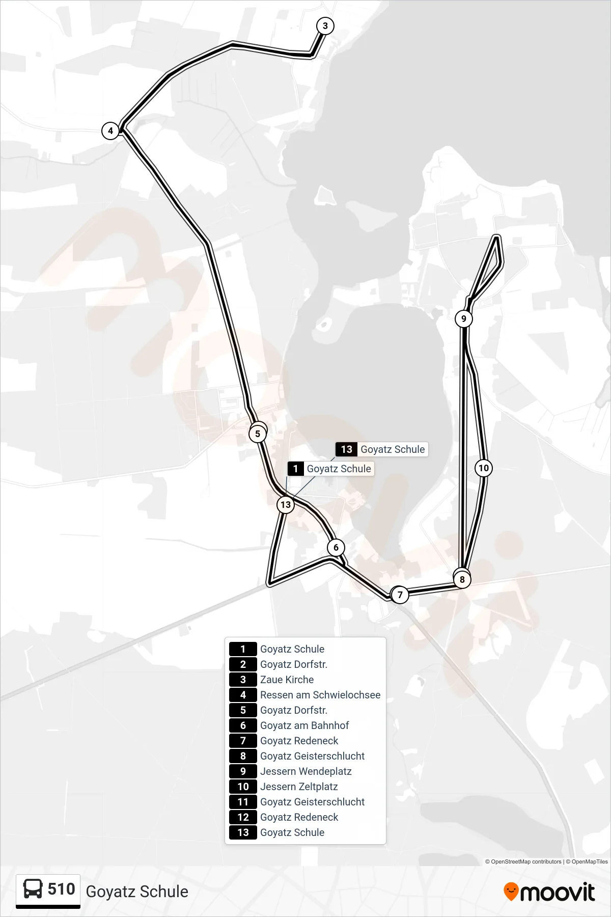 510 bus Line (Goyatz Schule) route and stops on a map