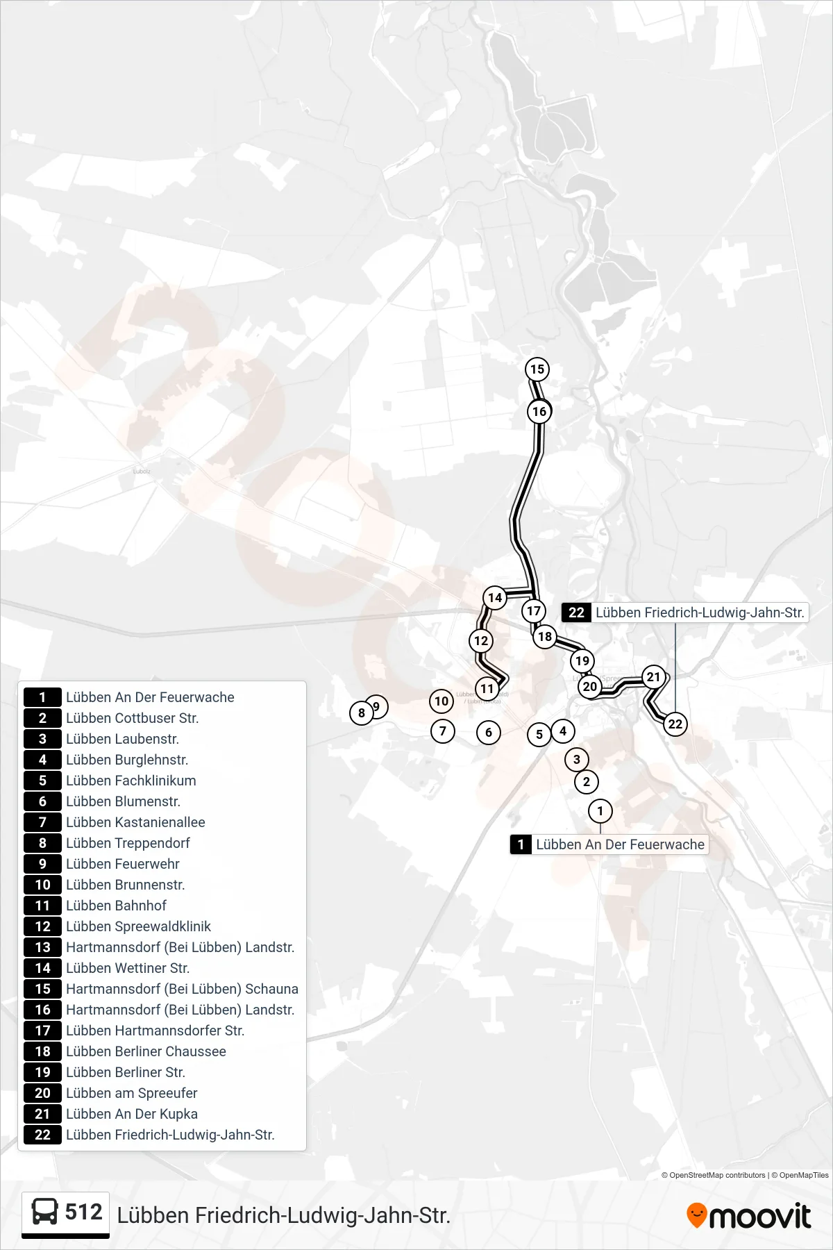 Linie 512 (Bus) Richtung Lübben Friedrich-Ludwig-Jahn-Str.: Route und Haltestellen auf der Karte