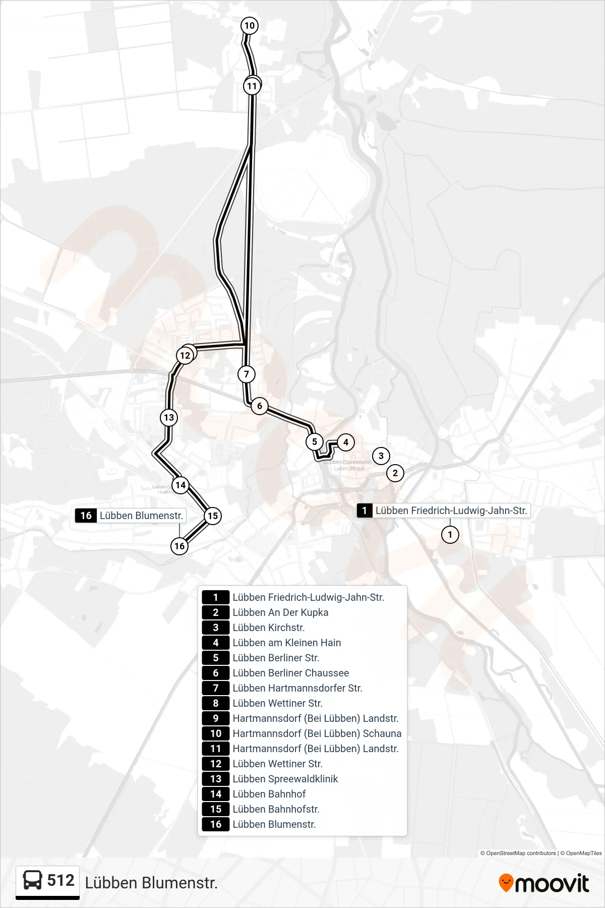 Linie 512 (Bus) Richtung Lübben Blumenstr.: Route und Haltestellen auf der Karte