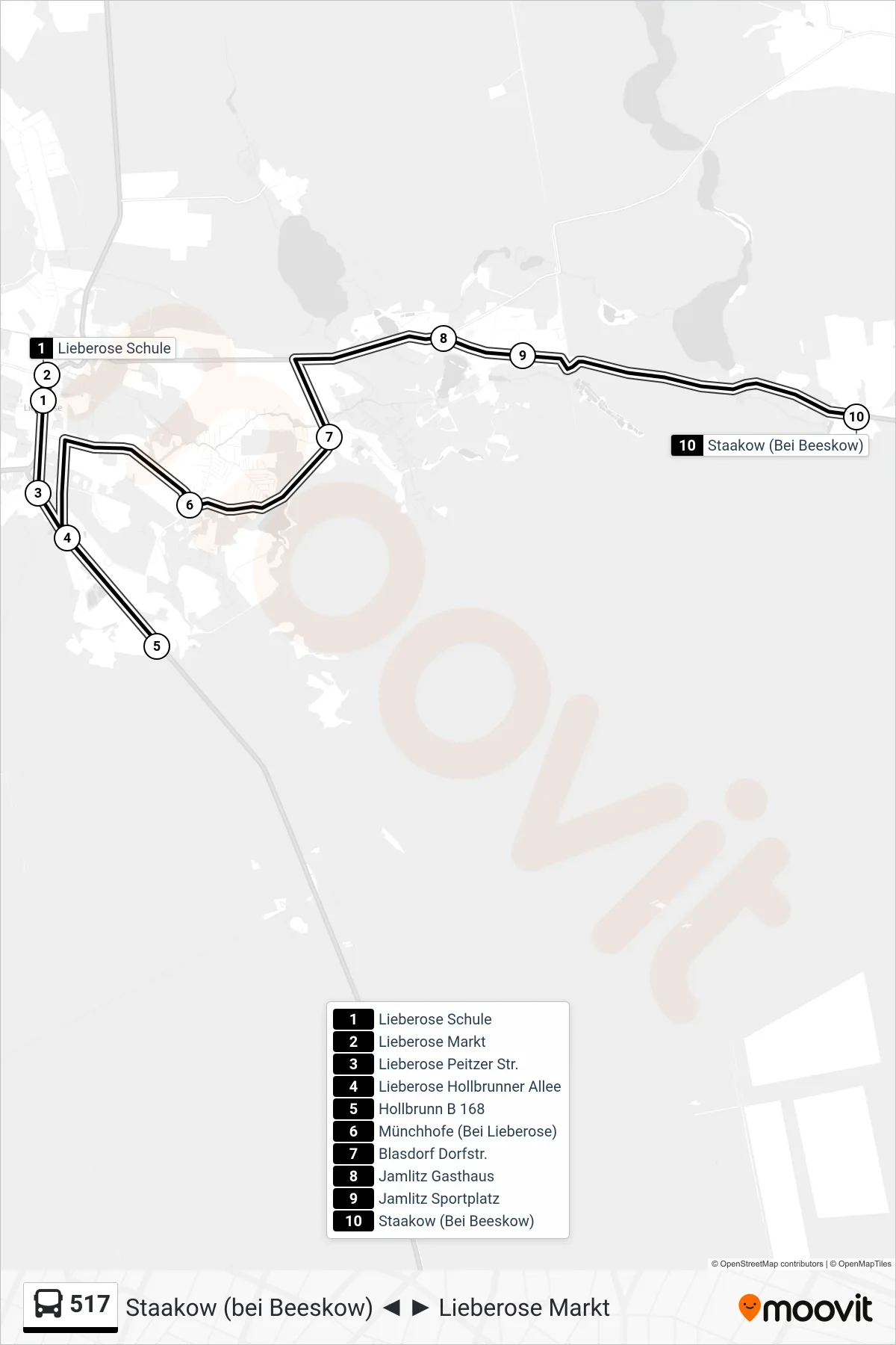 Linie 517 (Bus) Richtung Staakow (Bei Beeskow): Route und Haltestellen auf der Karte