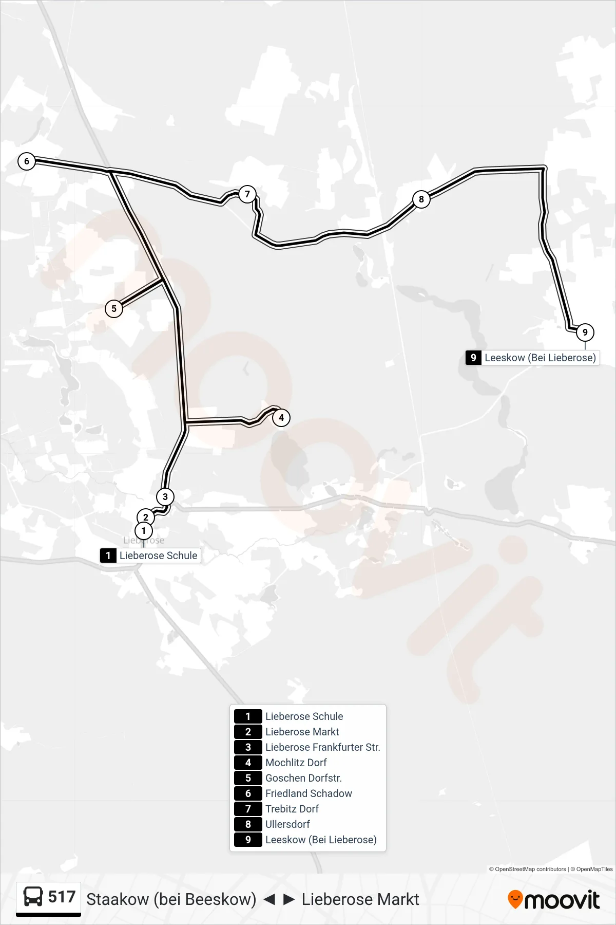 Linie 517 (Bus) Richtung Leeskow (Bei Lieberose): Route und Haltestellen auf der Karte
