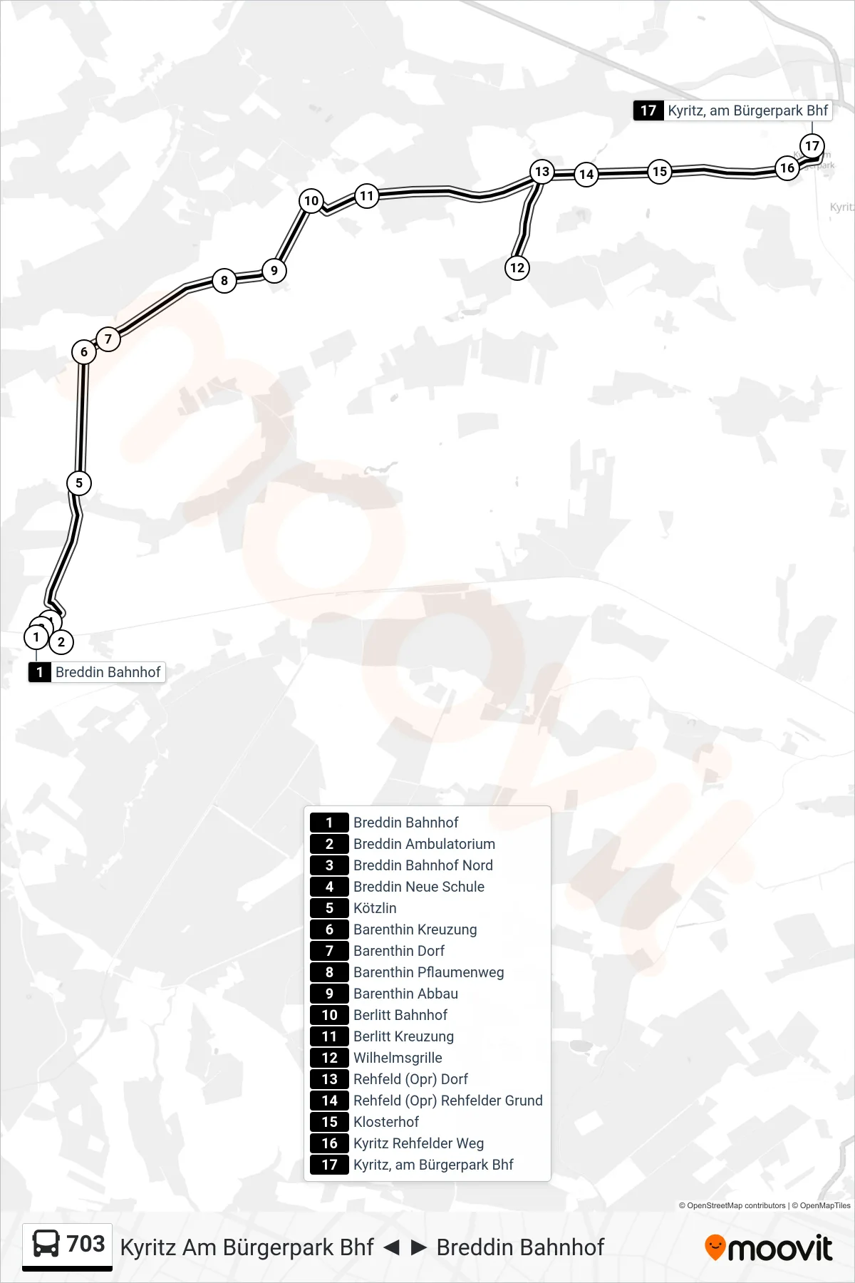 Linie 703 (Bus) Richtung Kyritz am Bürgerpark Bhf: Route und Haltestellen auf der Karte