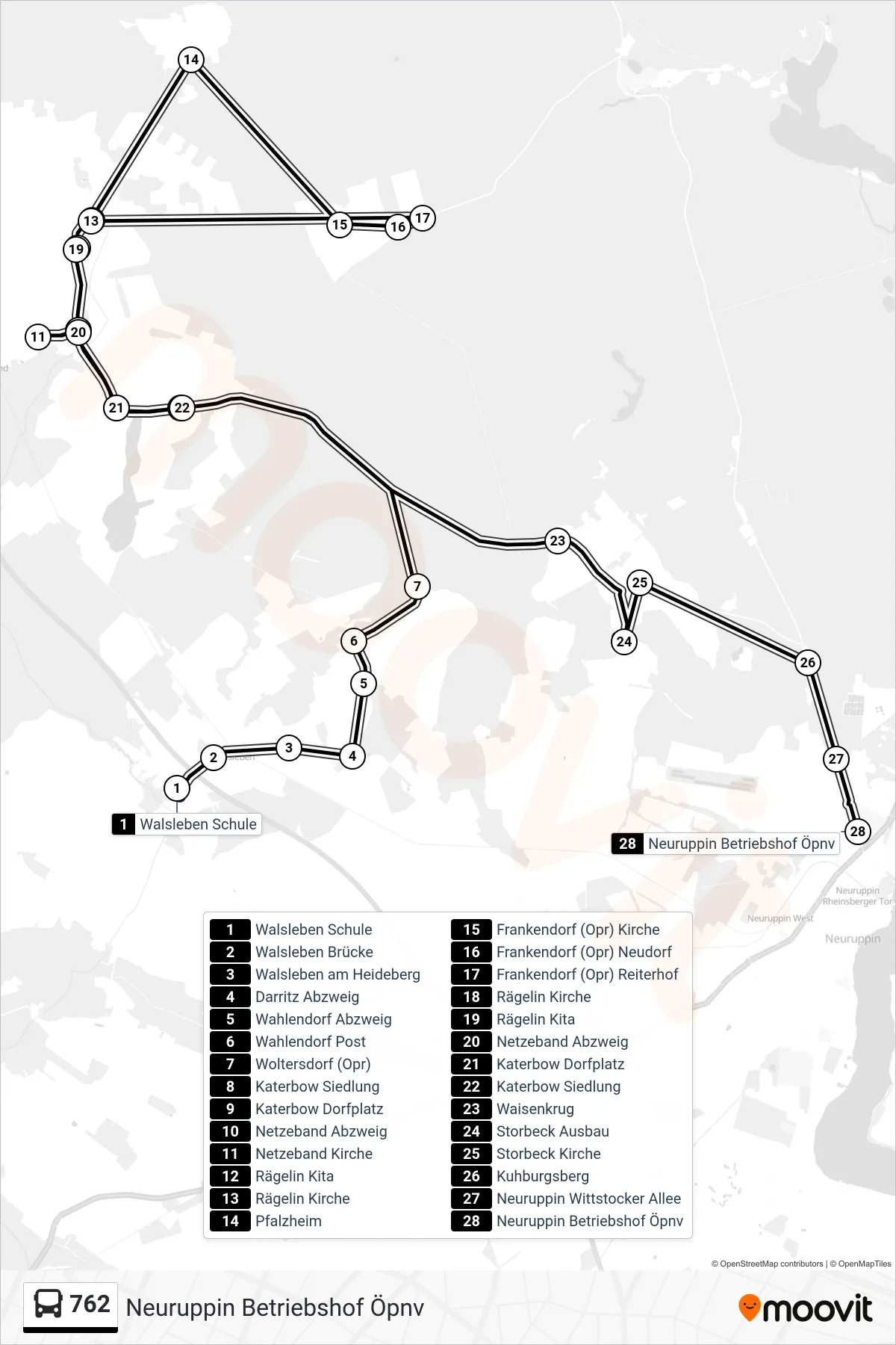 Linie 762 (Bus) Richtung Neuruppin Betriebshof Öpnv: Route und Haltestellen auf der Karte