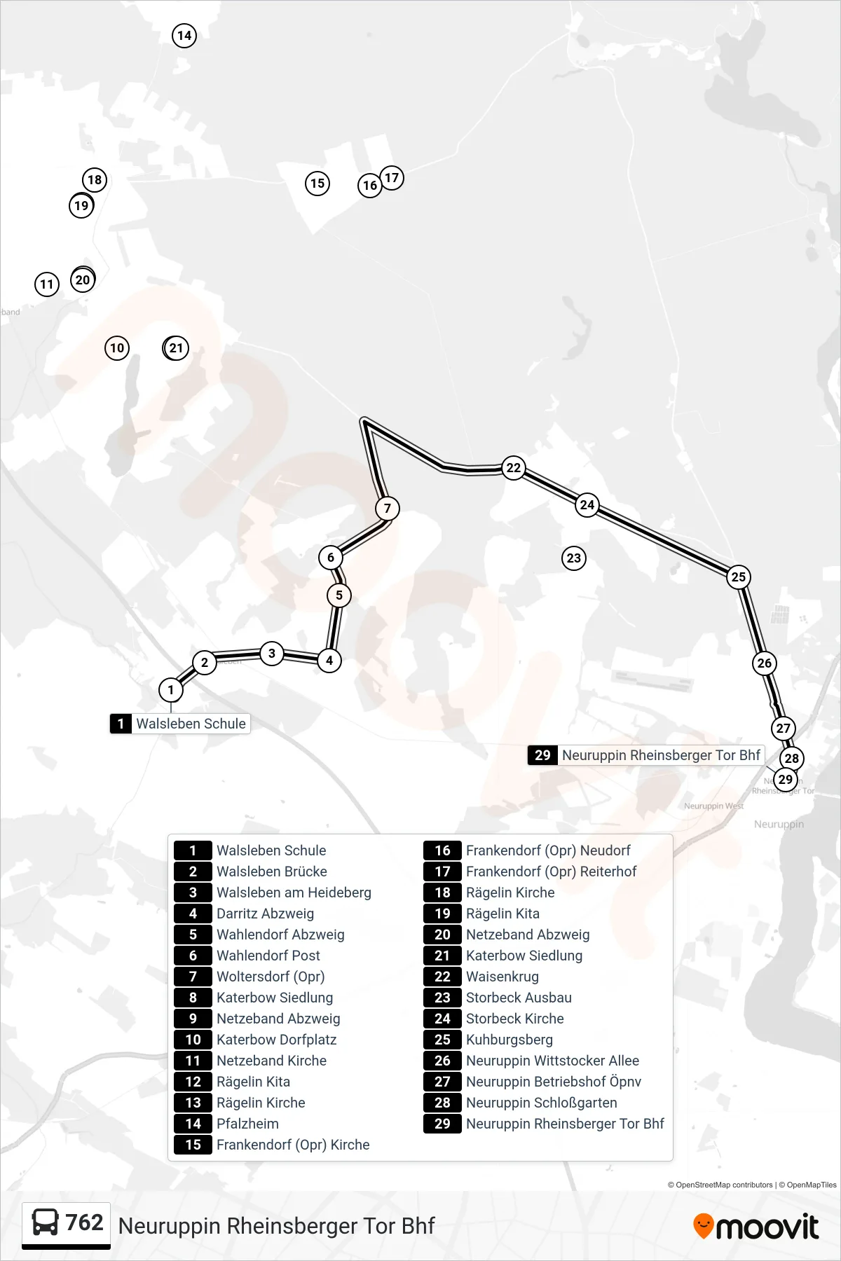 Linie 762 (Bus) Richtung Neuruppin Rheinsberger Tor Bhf: Route und Haltestellen auf der Karte
