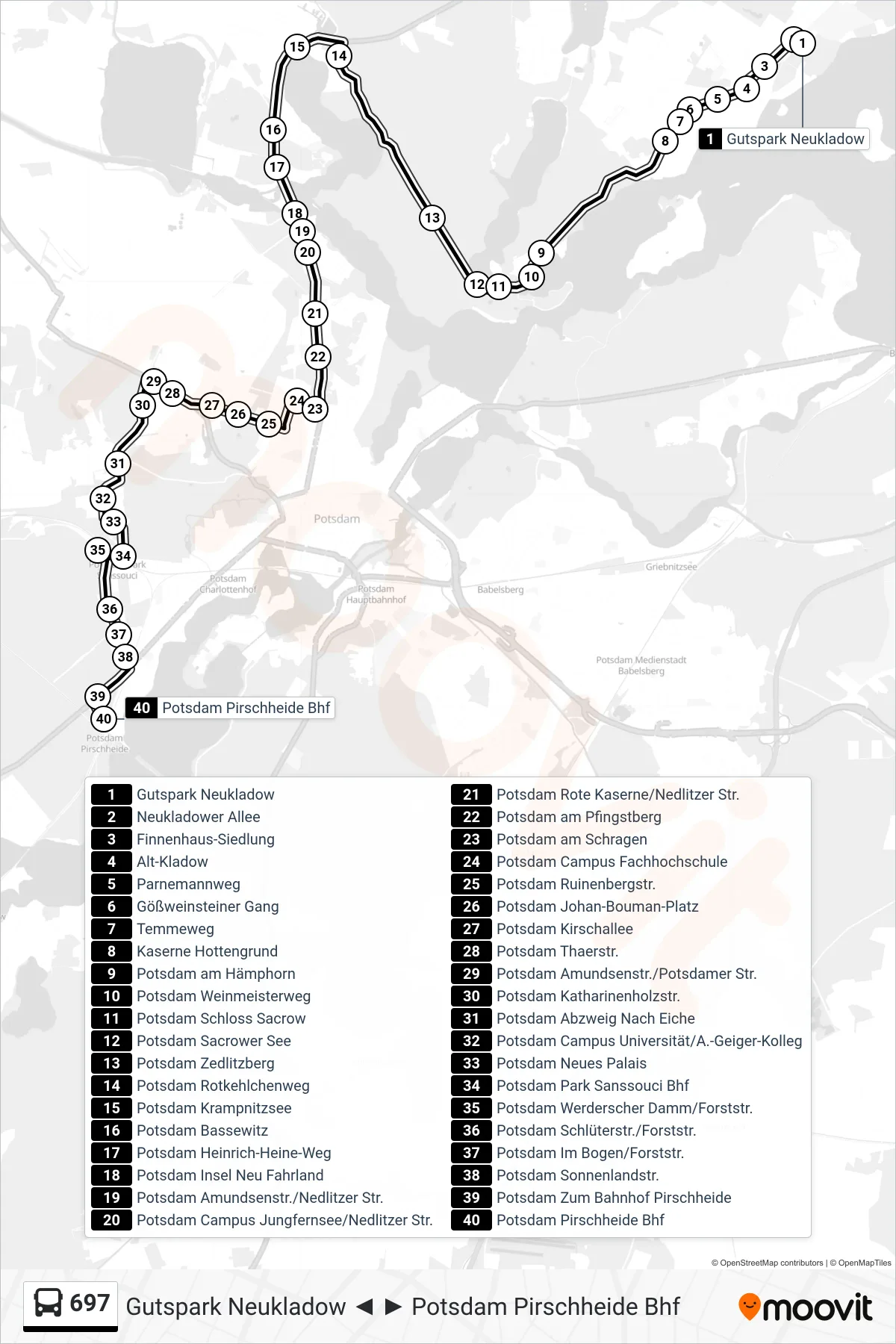 Linie 697 (Bus) Richtung Potsdam Pirschheide Bhf: Route und Haltestellen auf der Karte