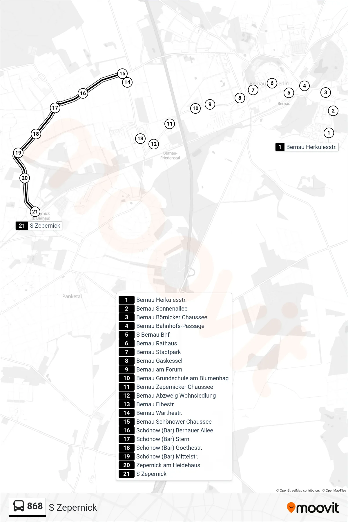 Linie 868 (Bus) Richtung S Zepernick: Route und Haltestellen auf der Karte