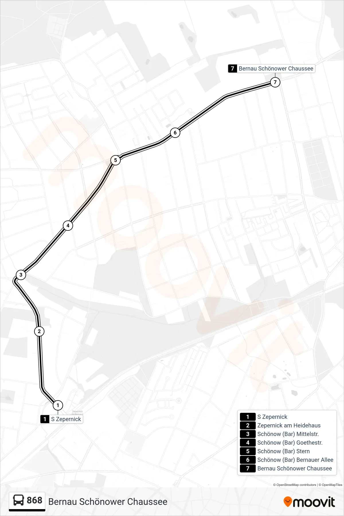 Linie 868 (Bus) Richtung Bernau Schönower Chaussee: Route und Haltestellen auf der Karte