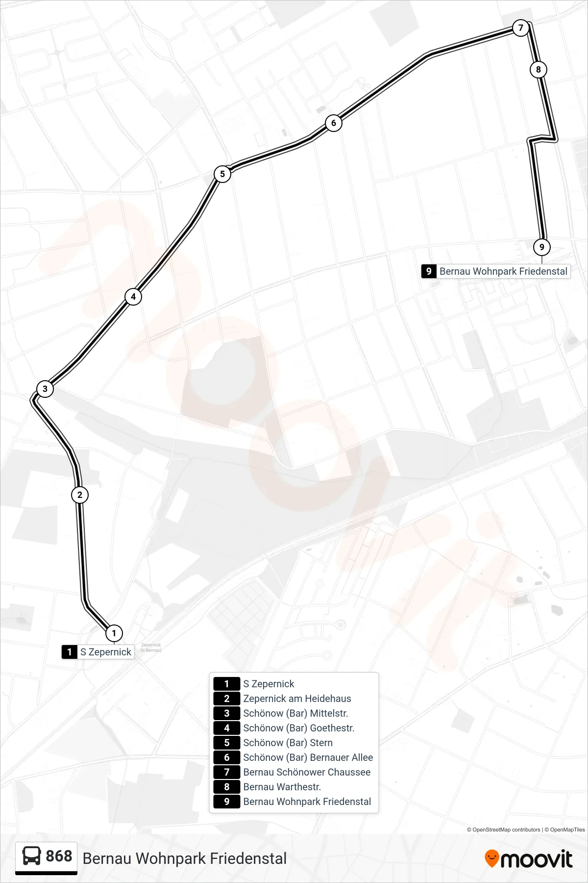 868 bus Line (Bernau Wohnpark Friedenstal) route and stops on a map