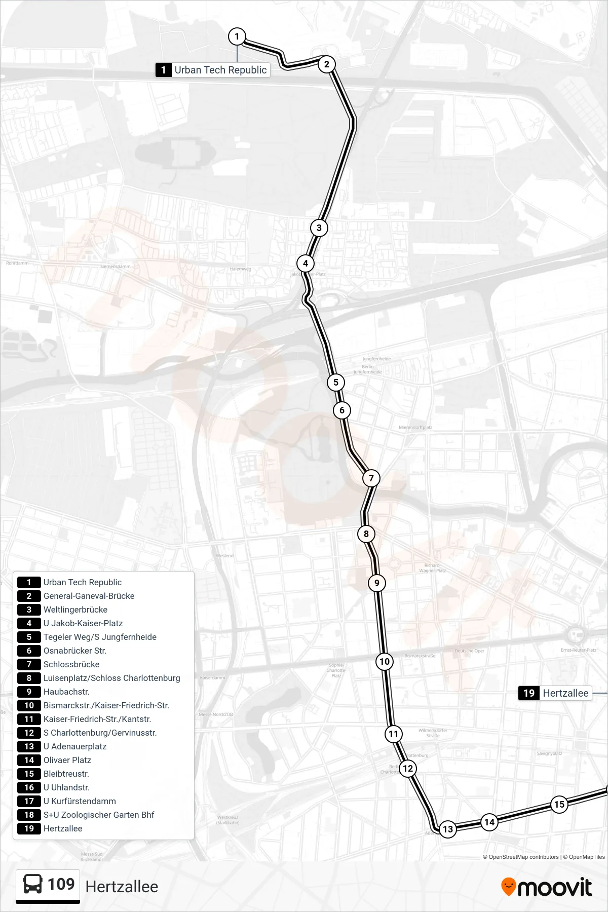 109 bus Line (Hertzallee) route and stops on a map