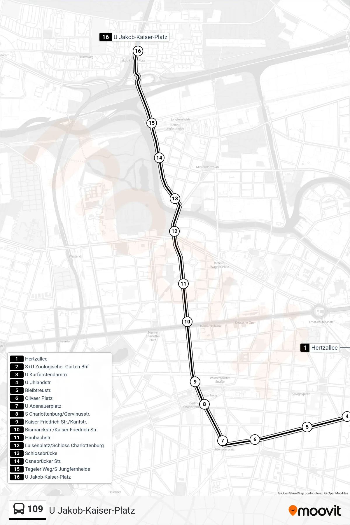 Linie 109 (Bus) Richtung U Jakob-Kaiser-Platz: Route und Haltestellen auf der Karte