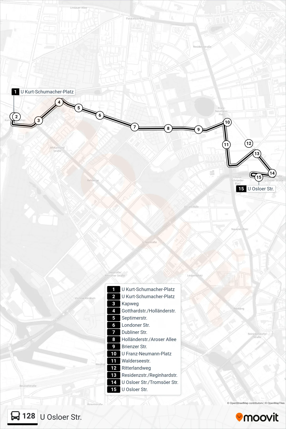 Linie 128 (Bus) Richtung U Osloer Str.: Route und Haltestellen auf der Karte