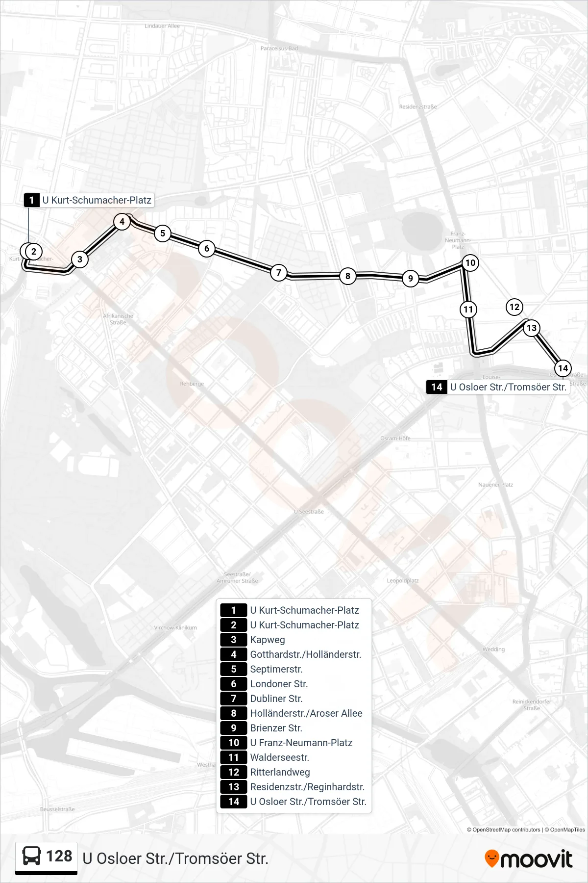 Linie 128 (Bus) Richtung U Osloer Str./Tromsöer Str.: Route und Haltestellen auf der Karte