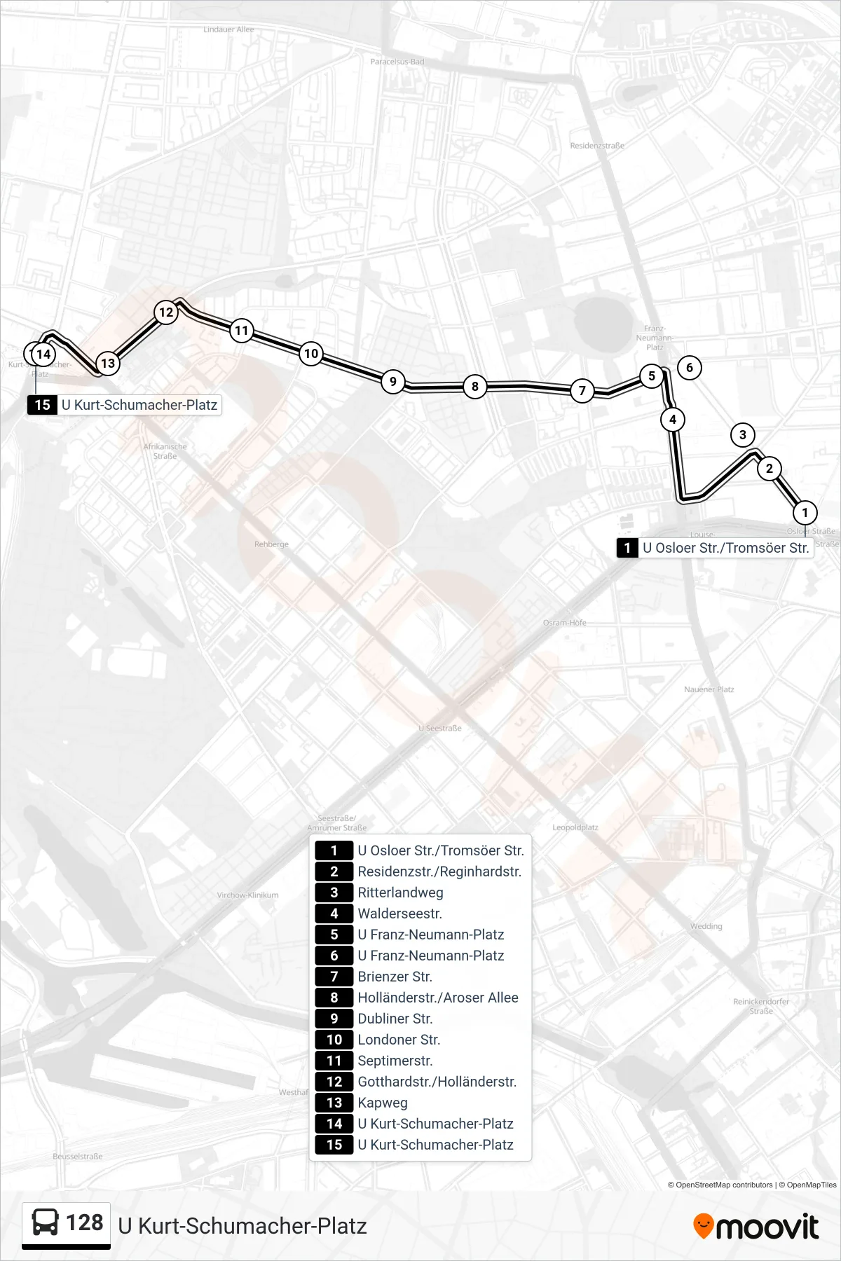 Linie 128 (Bus) Richtung U Kurt-Schumacher-Platz: Route und Haltestellen auf der Karte