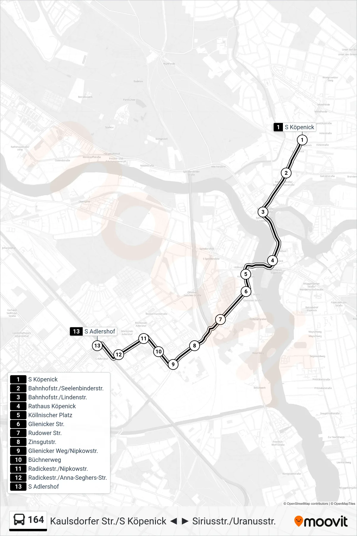 164 bus Line (S Adlershof) route and stops on a map