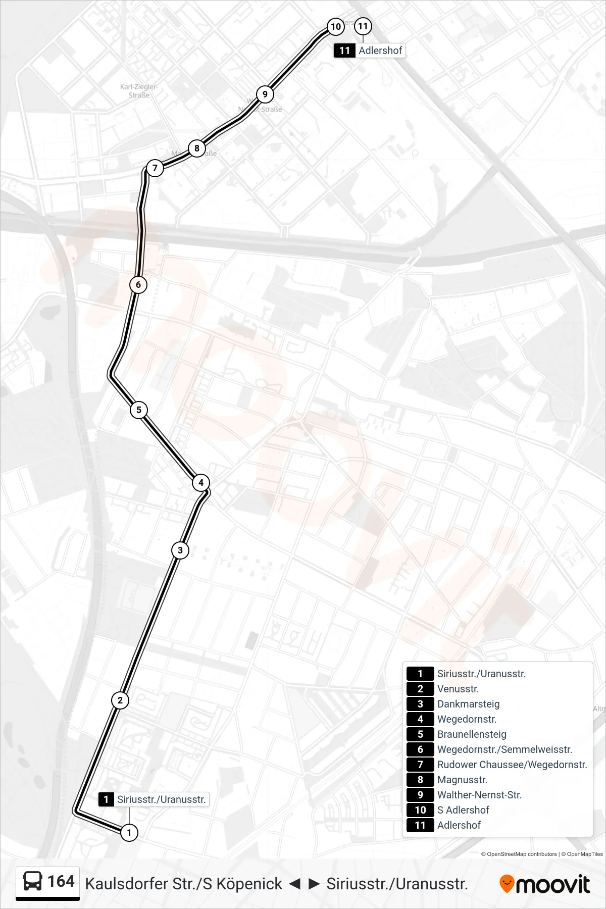 Linie 164 (Bus) Richtung S Adlershof: Route und Haltestellen auf der Karte