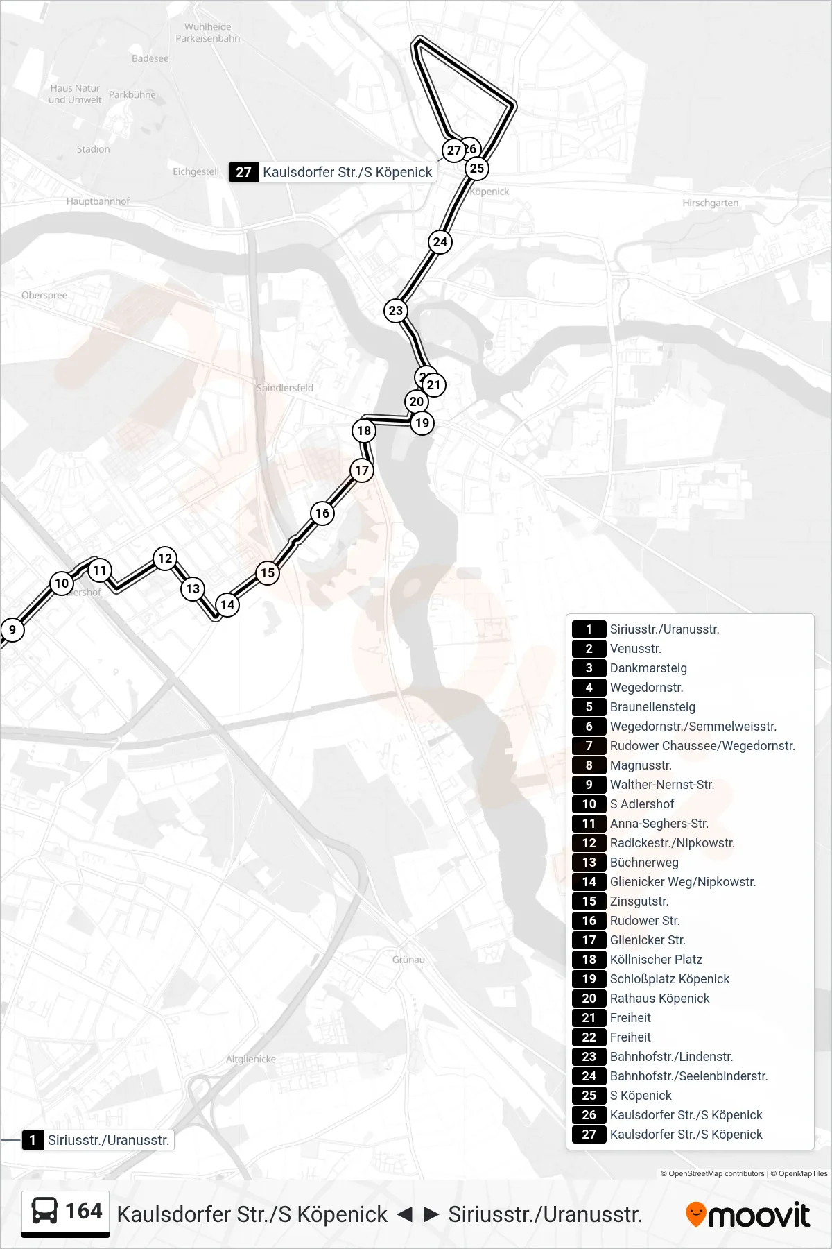 Linie 164 (Bus) Richtung Kaulsdorfer Str./S Köpenick: Route und Haltestellen auf der Karte