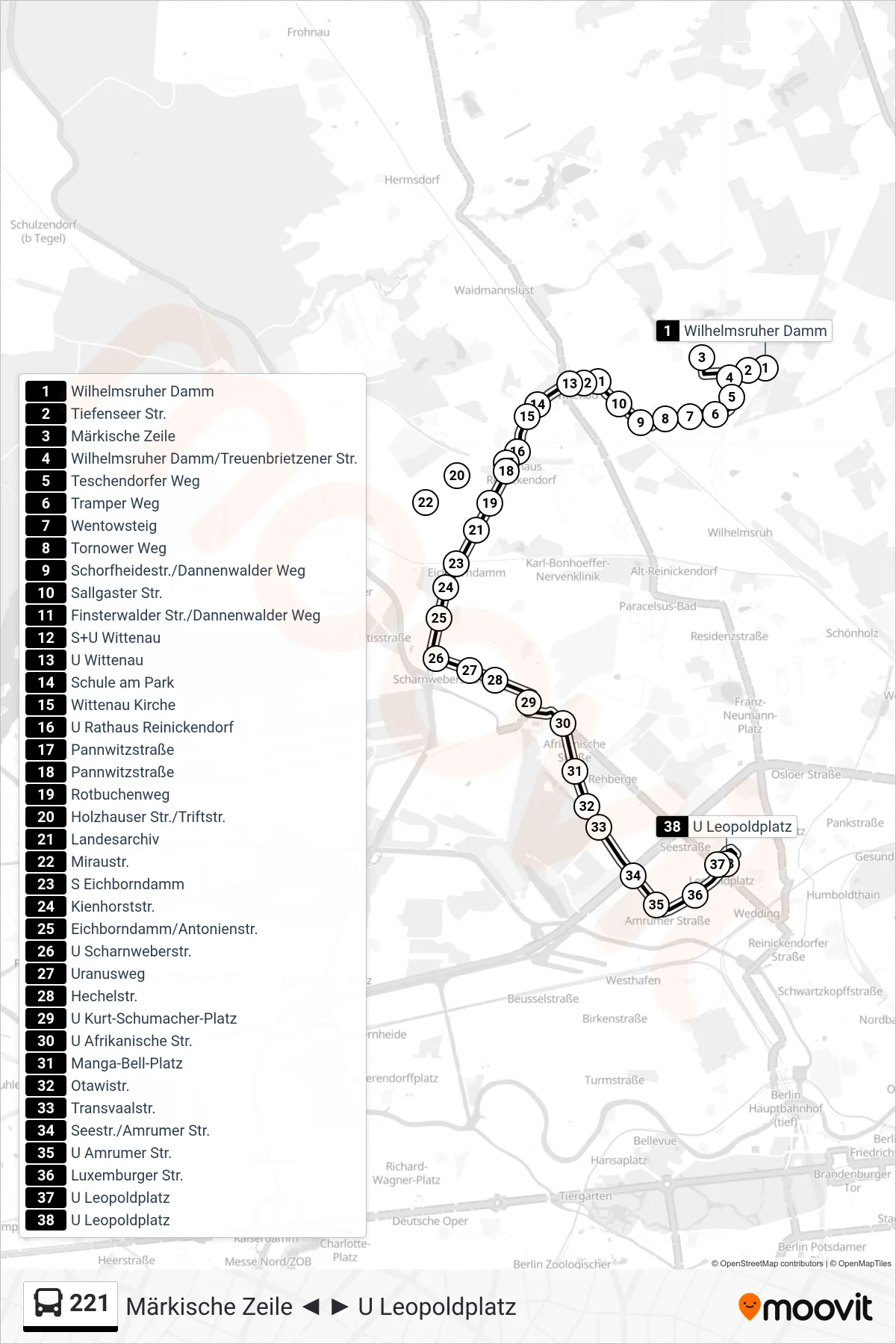 Linie 221 (Bus) Richtung U Leopoldplatz: Route und Haltestellen auf der Karte