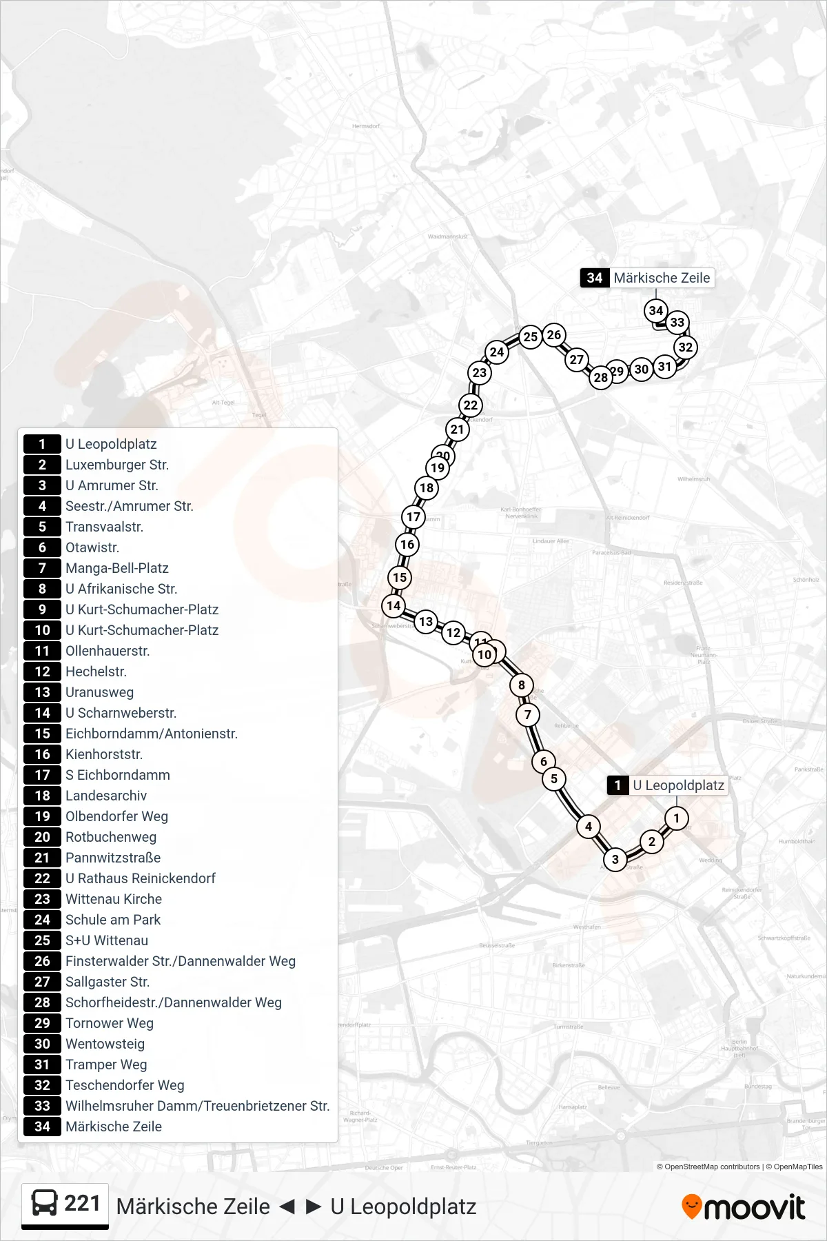 Linie 221 (Bus) Richtung Märkische Zeile: Route und Haltestellen auf der Karte