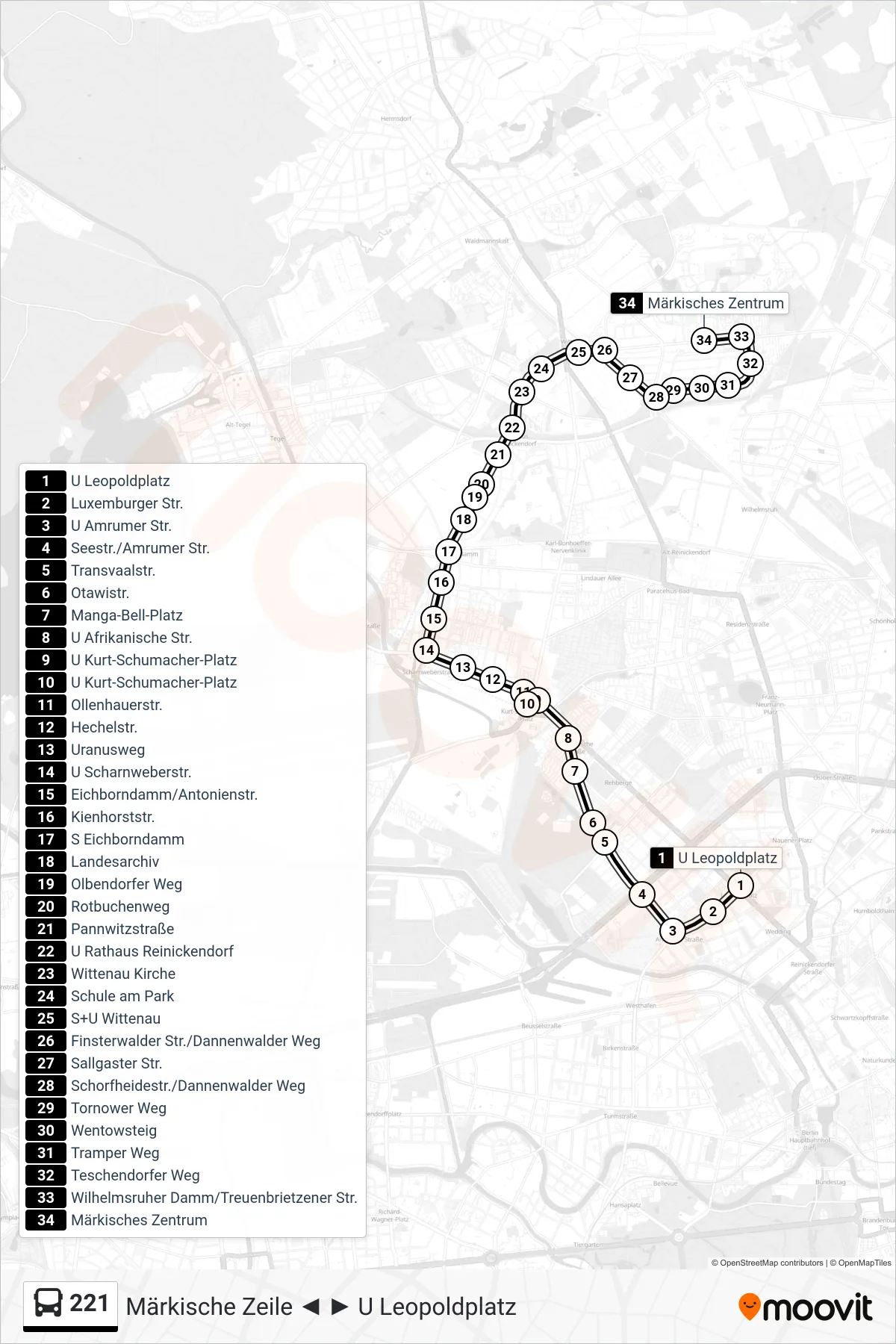 Linie 221 (Bus) Richtung Märkisches Zentrum: Route und Haltestellen auf der Karte