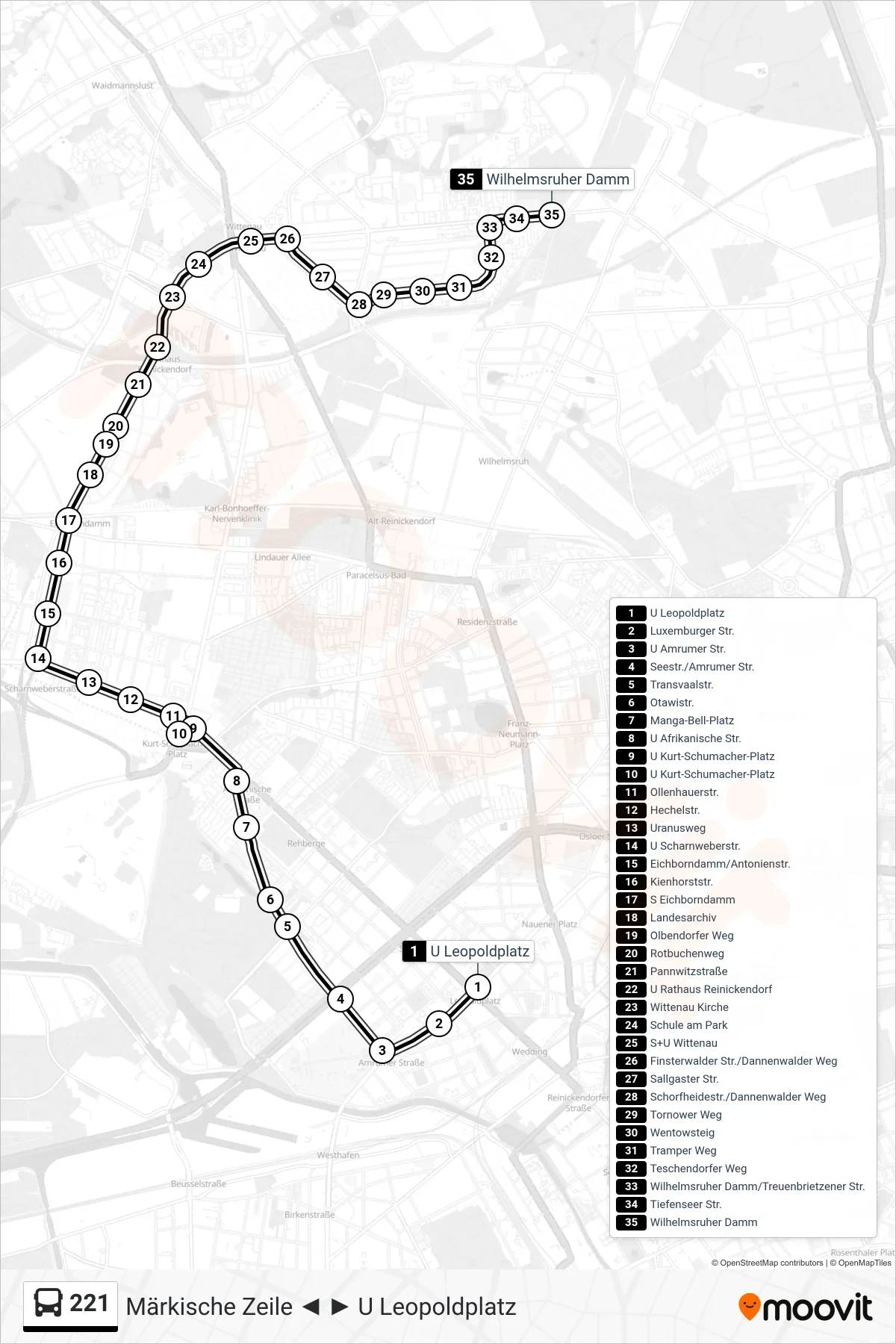 Linie 221 (Bus) Richtung Wilhelmsruher Damm: Route und Haltestellen auf der Karte
