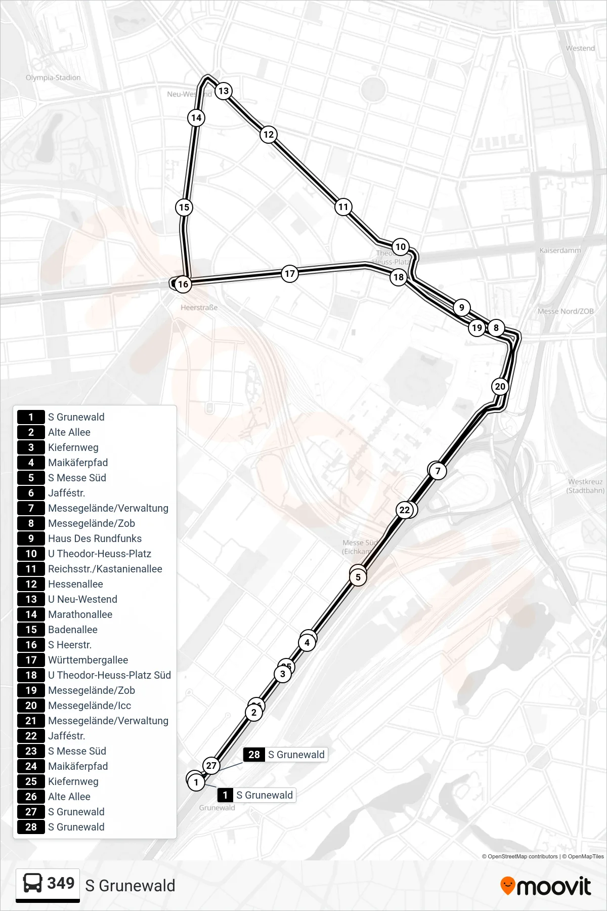 Linie 349 (Bus) Richtung S Grunewald: Route und Haltestellen auf der Karte