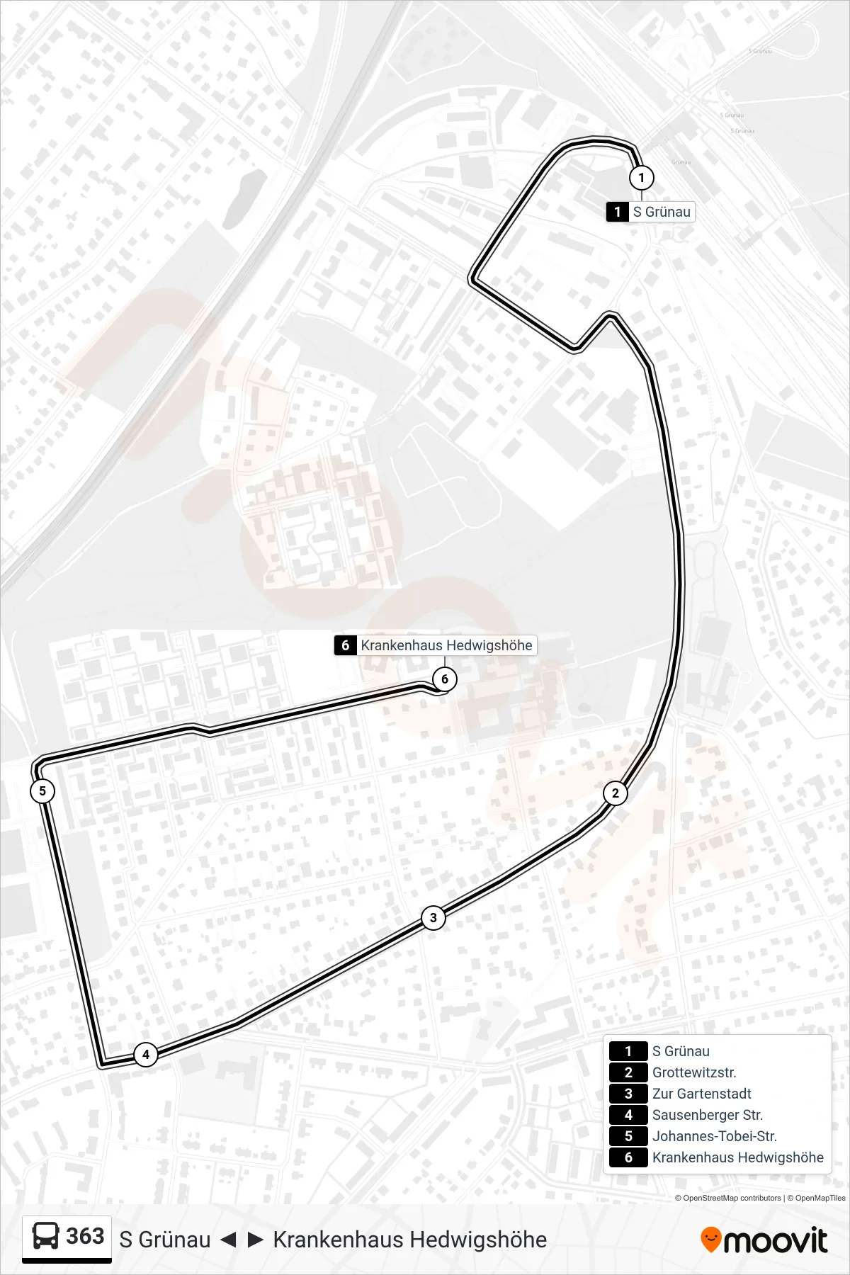363 bus Line (Krankenhaus Hedwigshöhe) route and stops on a map