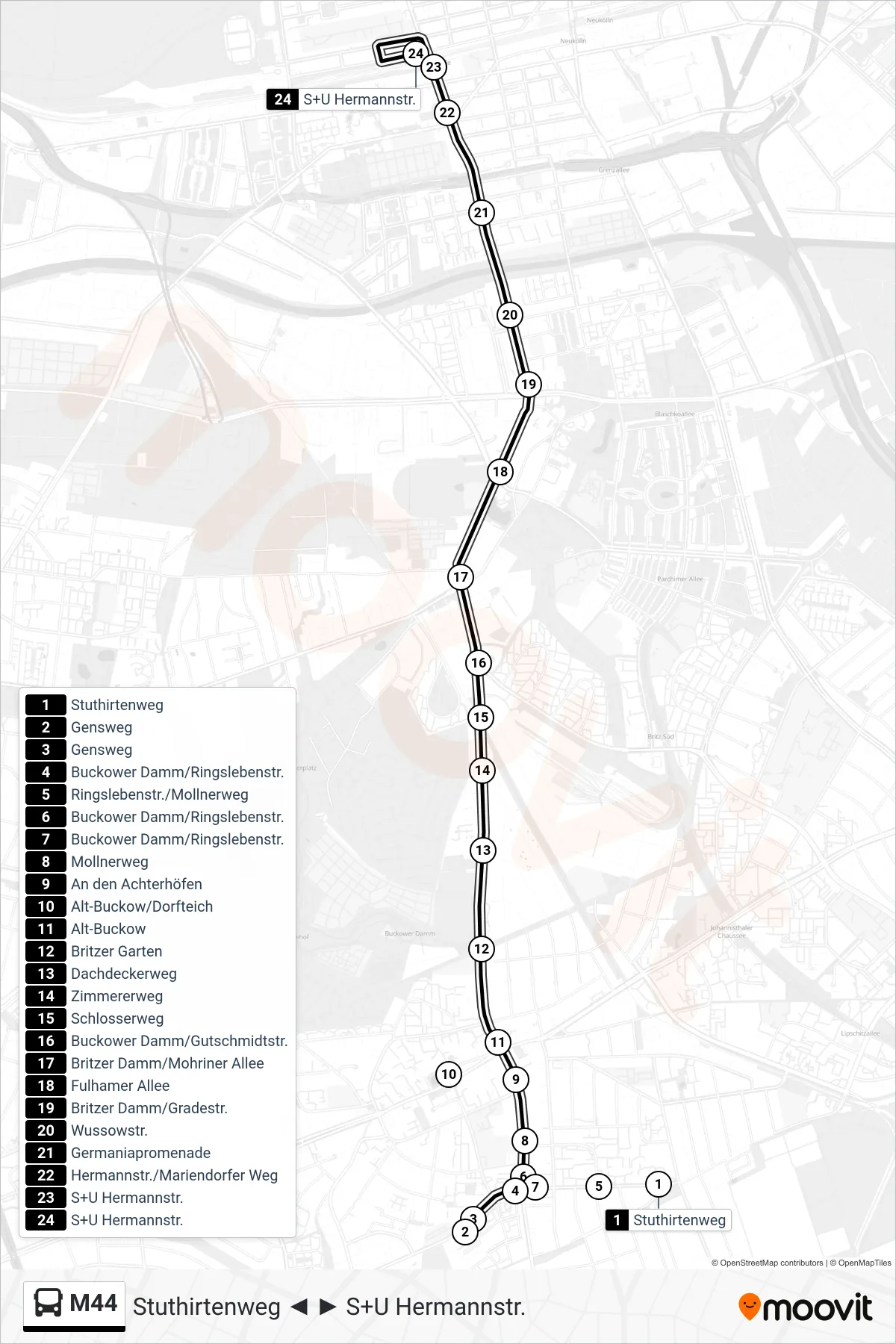 Linie M44 (Bus) Richtung S+U Hermannstr.: Route und Haltestellen auf der Karte