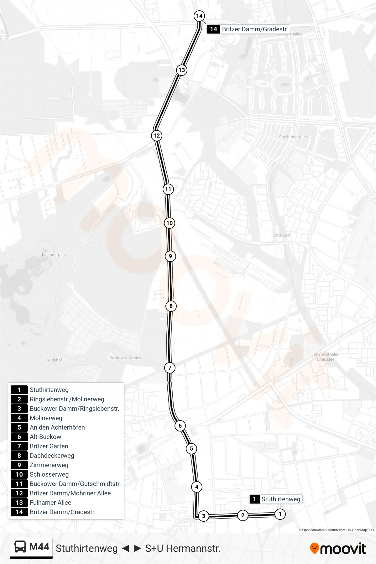 Linie M44 (Bus) Richtung Britzer Damm/Gradestr.: Route und Haltestellen auf der Karte