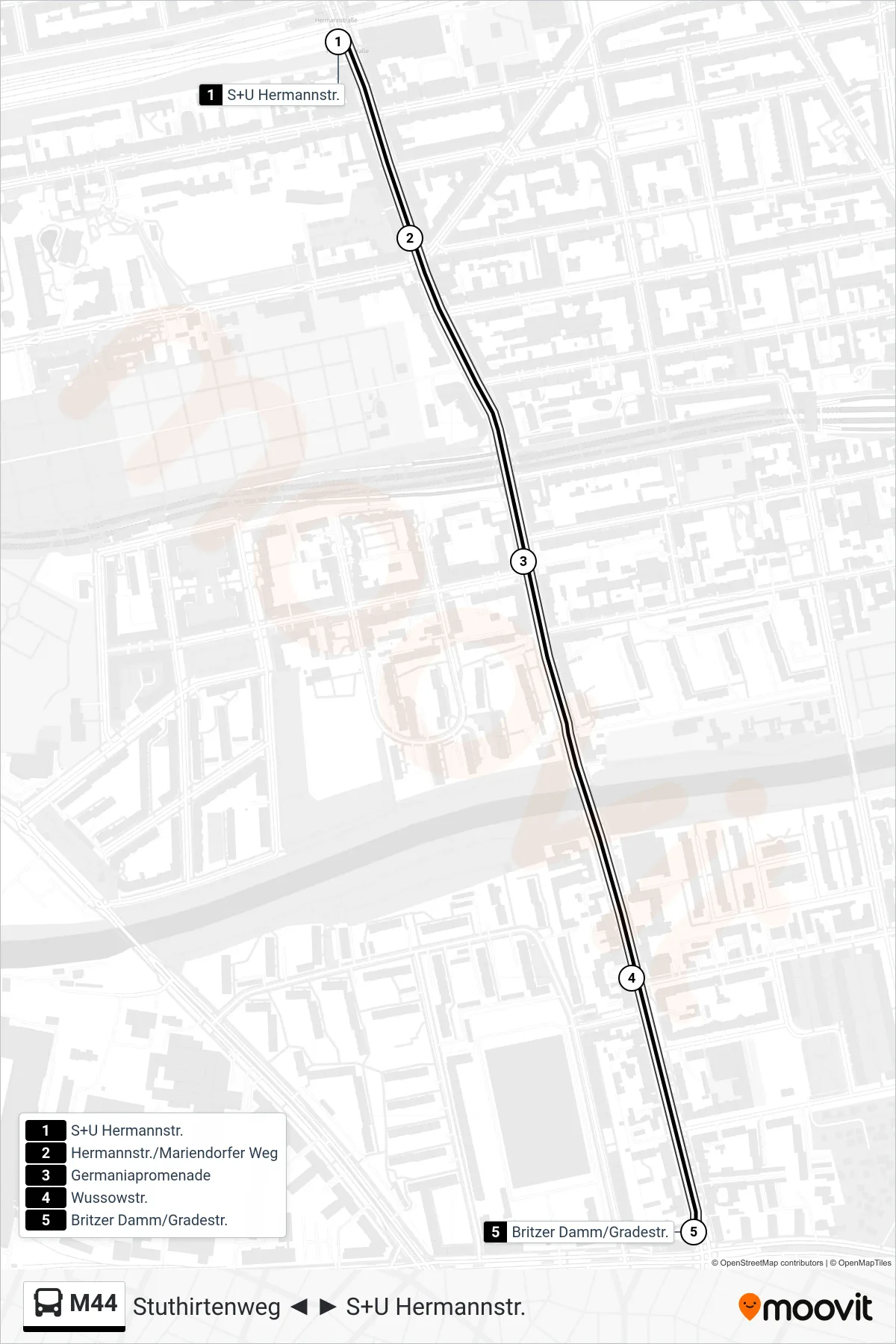 M44 bus Line (Britzer Damm/Gradestr.) route and stops on a map