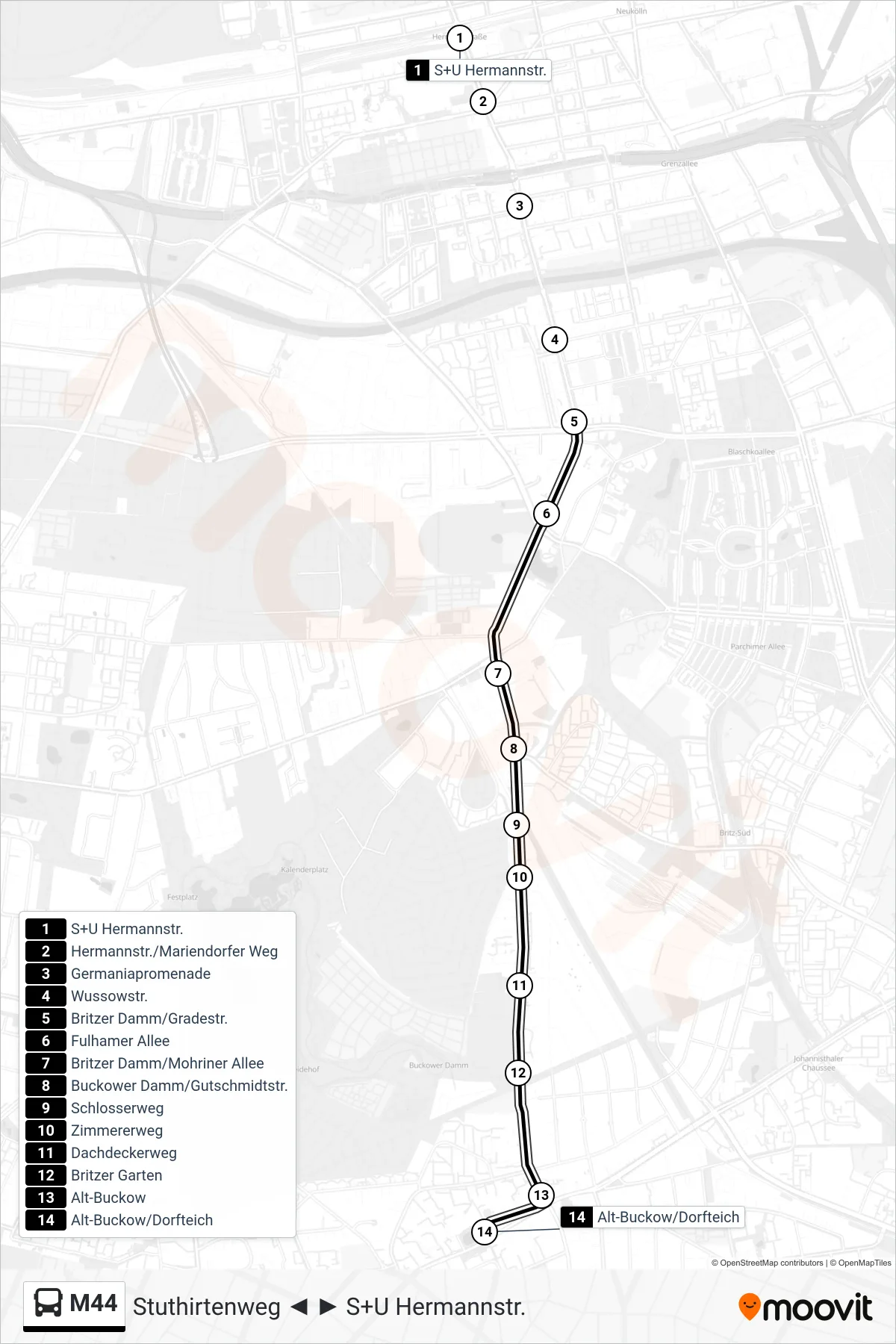 Linie M44 (Bus) Richtung Alt-Buckow/Dorfteich: Route und Haltestellen auf der Karte
