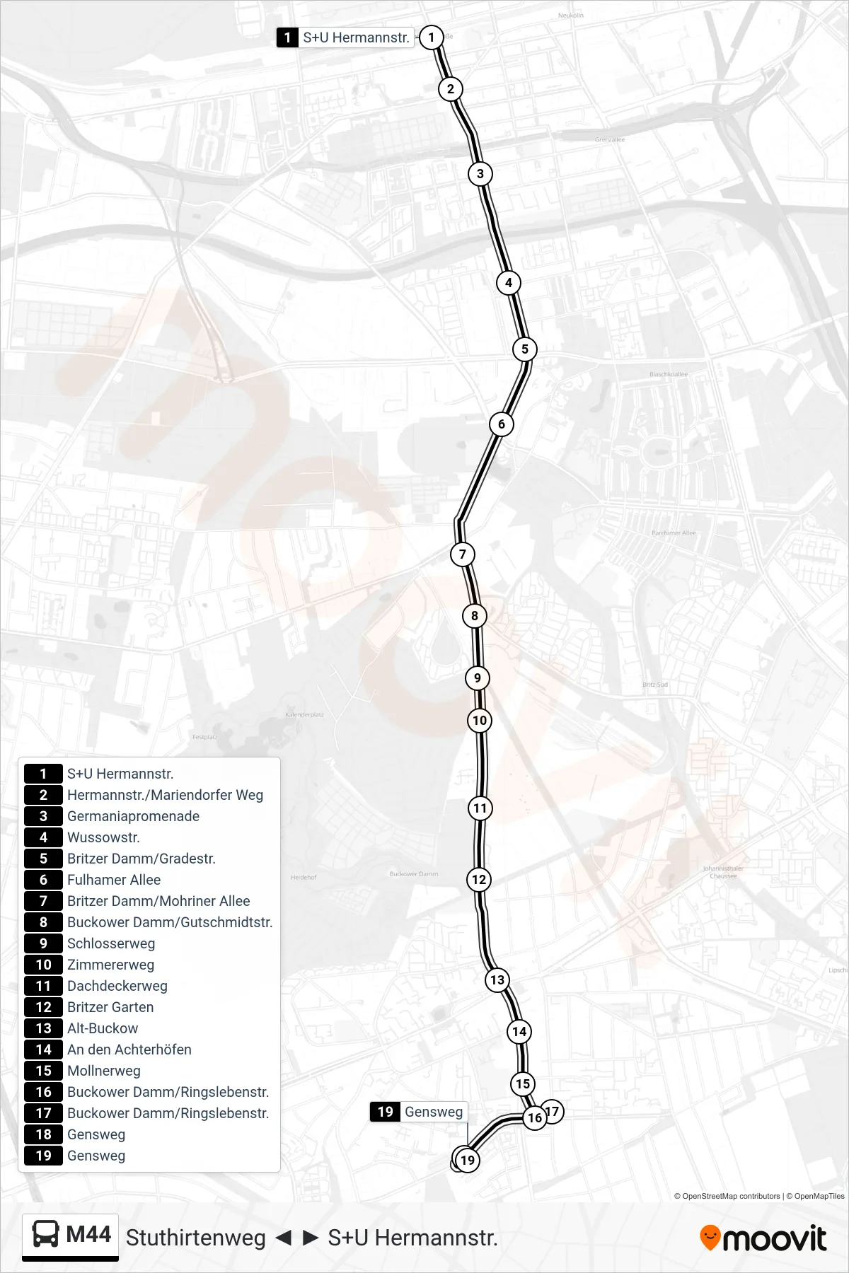 Linie M44 (Bus) Richtung Gensweg: Route und Haltestellen auf der Karte