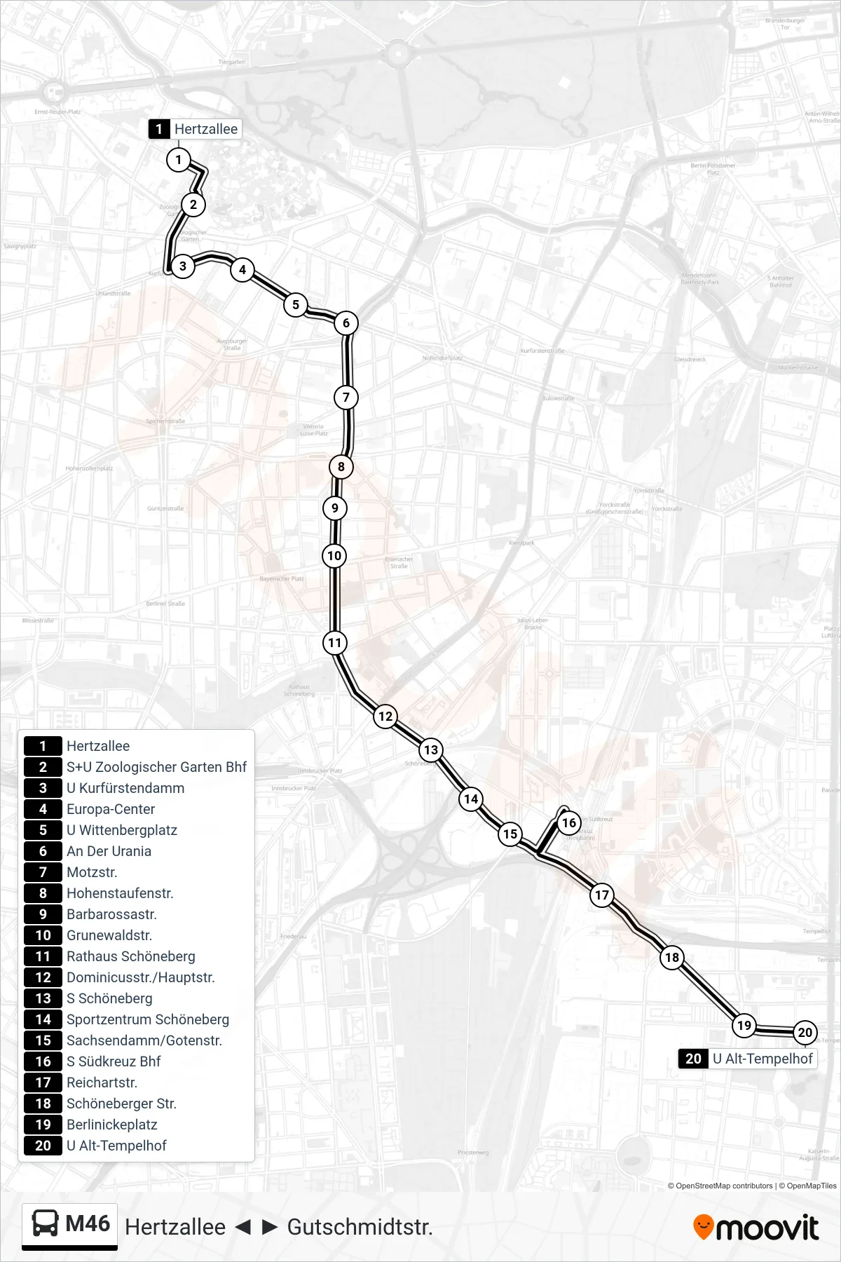 M46 bus Line (U Alt-Tempelhof) route and stops on a map