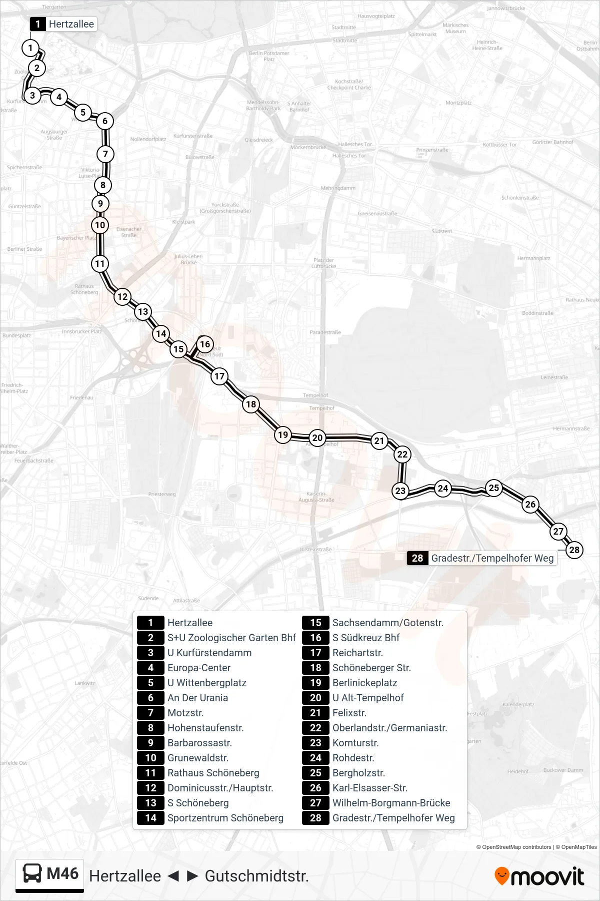 Linie M46 (Bus) Richtung Gradestr./Tempelhofer Weg: Route und Haltestellen auf der Karte