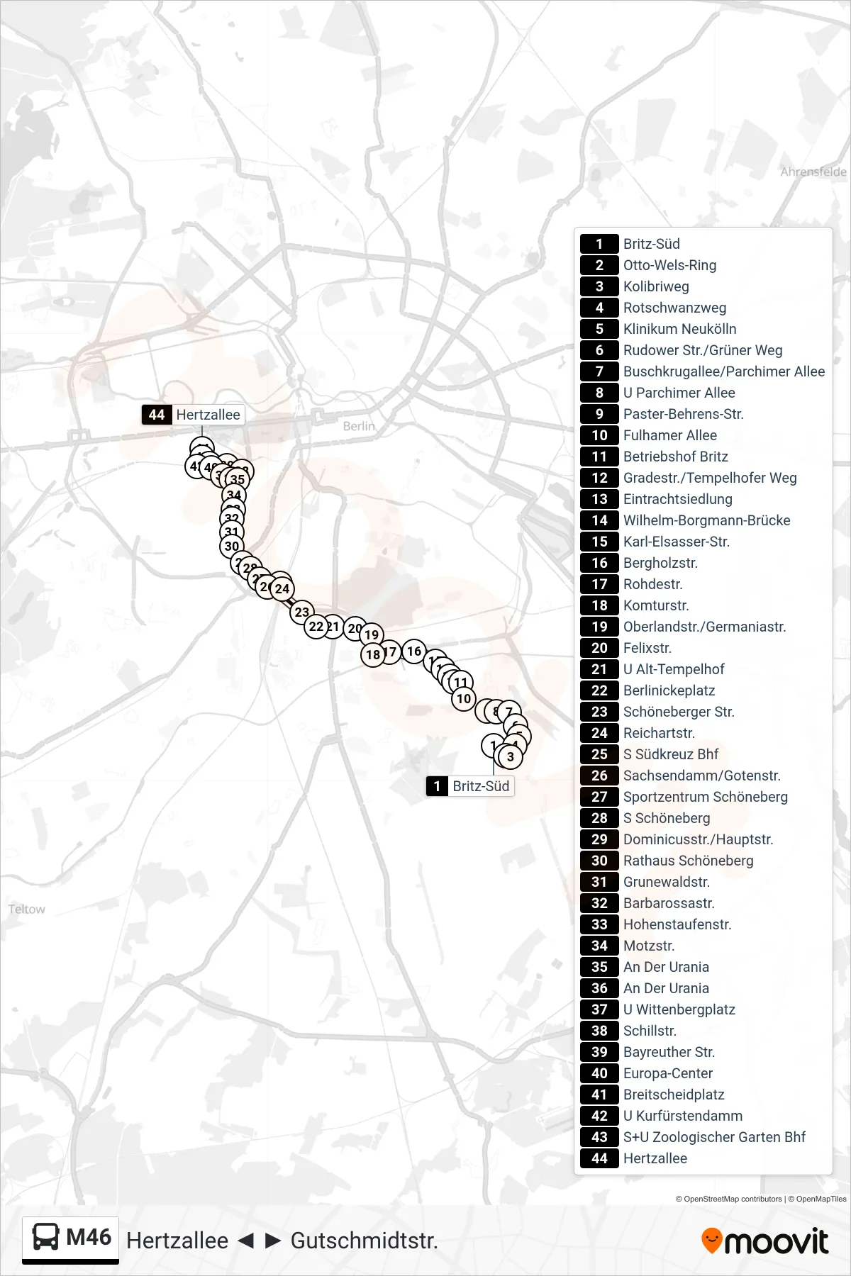 M46 bus Line (Hertzallee) route and stops on a map
