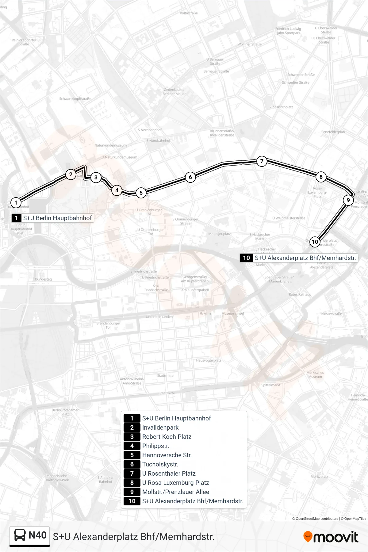 Linie N40 (Bus) Richtung S+U Alexanderplatz Bhf/Memhardstr.: Route und Haltestellen auf der Karte