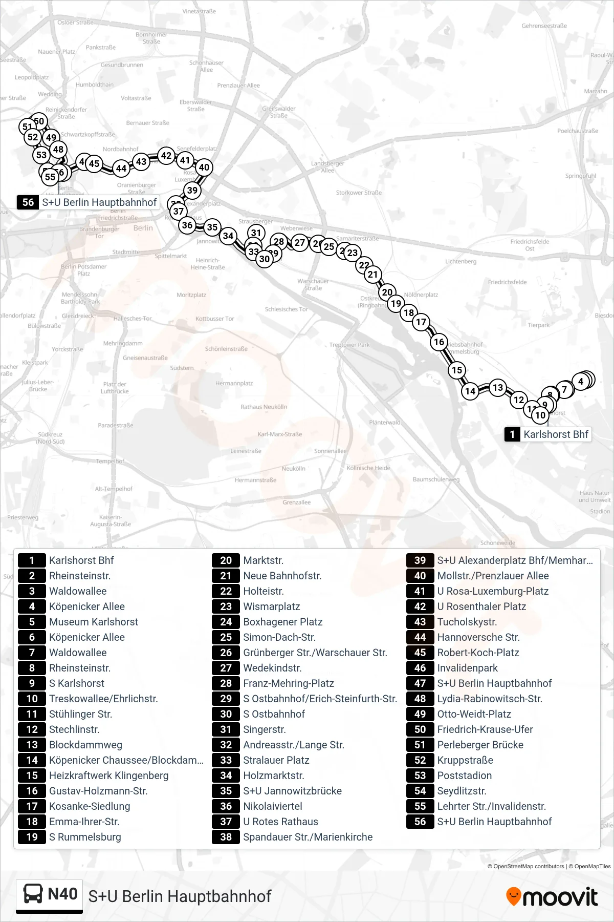 Linie N40 (Bus) Richtung S+U Berlin Hauptbahnhof: Route und Haltestellen auf der Karte