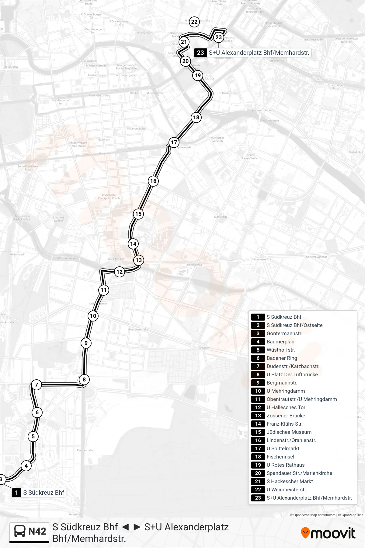 Linie N42 (Bus) Richtung S+U Alexanderplatz Bhf/Memhardstr.: Route und Haltestellen auf der Karte