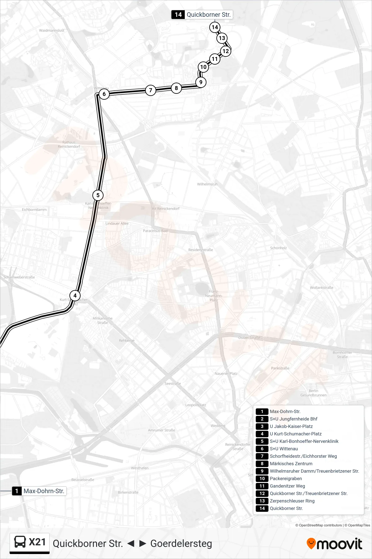 Linie X21 (Bus) Richtung Quickborner Str.: Route und Haltestellen auf der Karte
