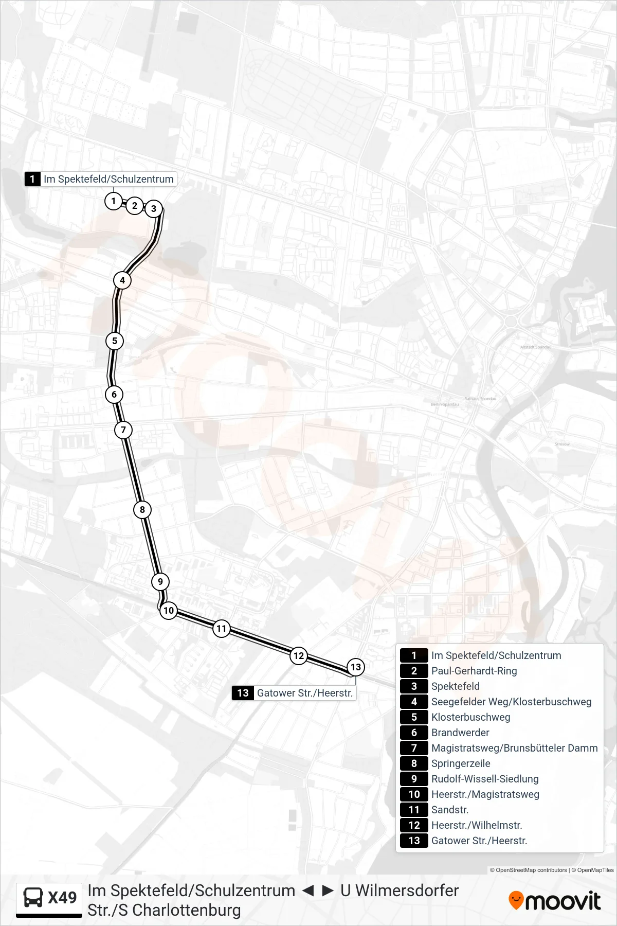 Linie X49 (Bus) Richtung Gatower Str./Heerstr.: Route und Haltestellen auf der Karte