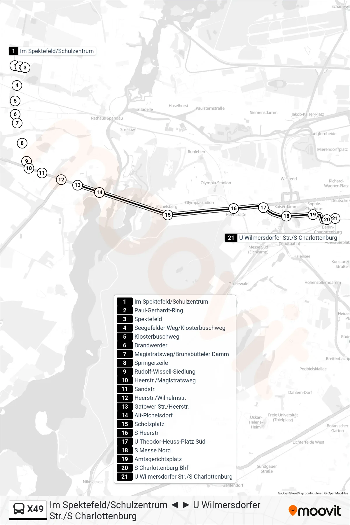 Linie X49 (Bus) Richtung U Wilmersdorfer Str./S Charlottenburg: Route und Haltestellen auf der Karte